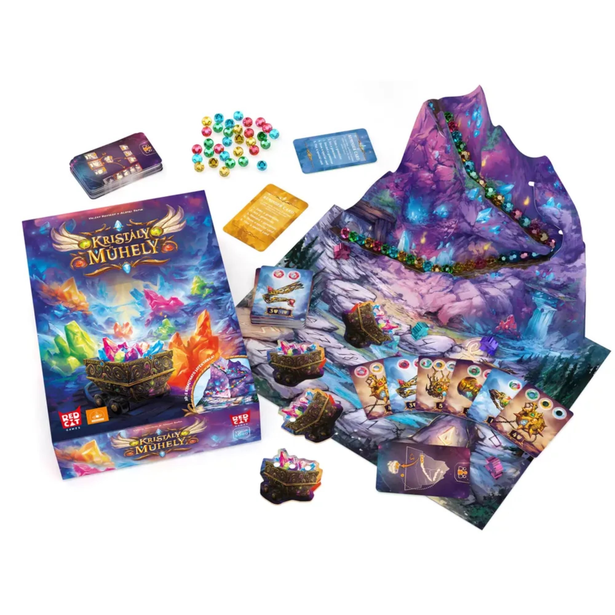 Kristály műhely magyar nyelvű társasjáték doboza és teljes tartalma, játéktáblával, 3D-s bányamodullal, kártyapaklikkal, kristálykövekkel és kiegészítő elemekkel, fantasy hangulatú illusztrációkkal.