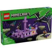 LEGO Minecraft 21264 – A Végzetsárkány és a Végzethajó doboz előnézete zöld-fekete háttérrel, a készlet szereplőivel és az összeszerelt modell illusztrációjával.