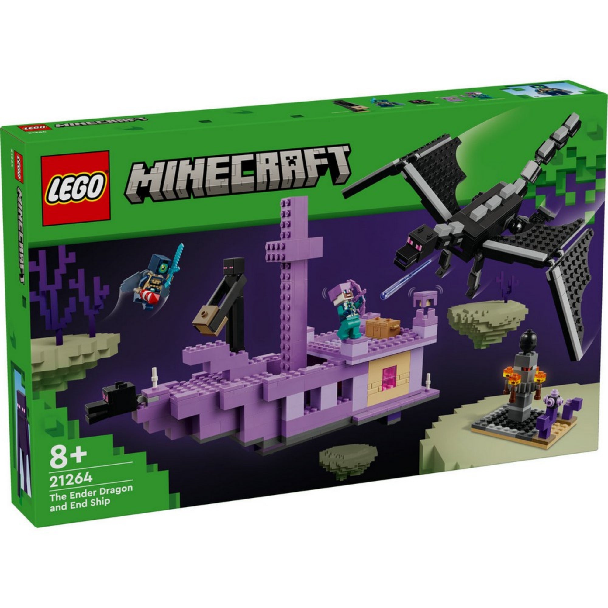 LEGO Minecraft 21264 – A Végzetsárkány és a Végzethajó doboz előnézete zöld-fekete háttérrel, a készlet szereplőivel és az összeszerelt modell illusztrációjával.