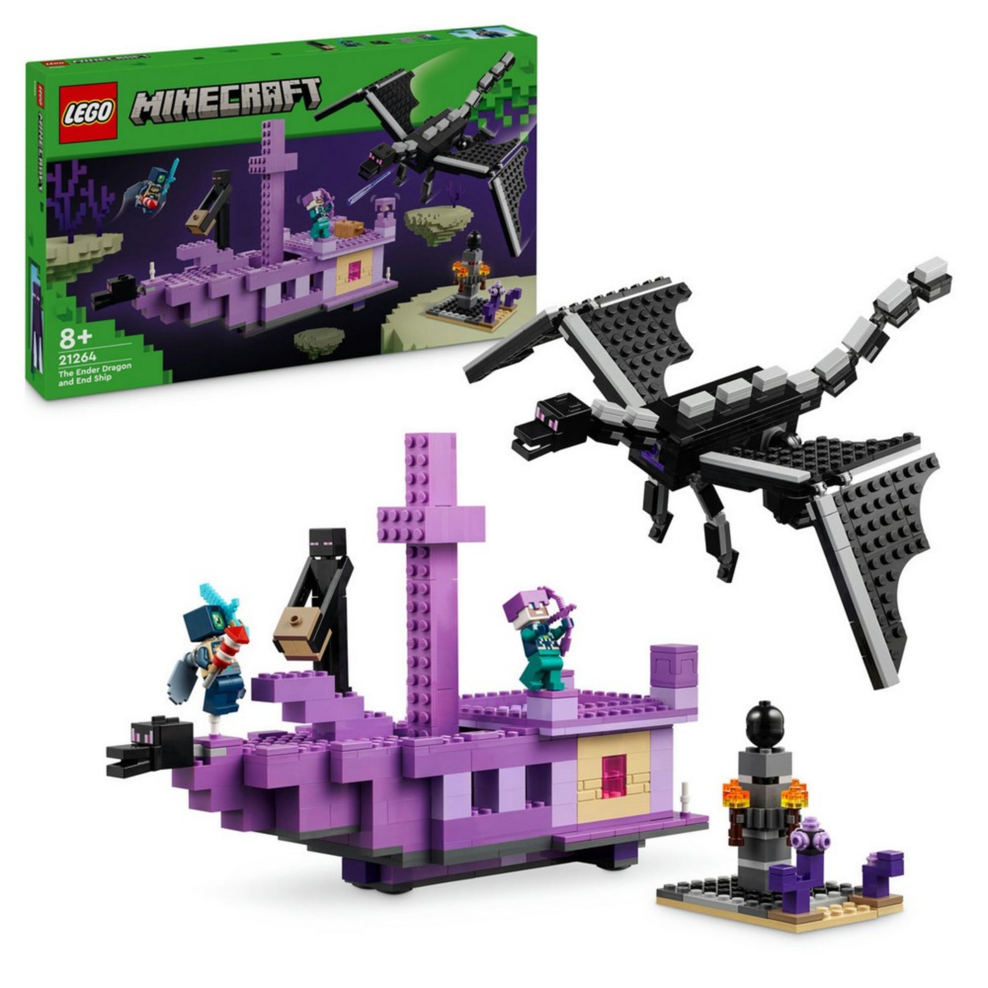 A LEGO Minecraft 21264 készlet doboza és a benne található építmények: a Végzethajó, a sárkány, az End kristály, valamint minifigurák, köztük Enderman és két páncélos karakter.