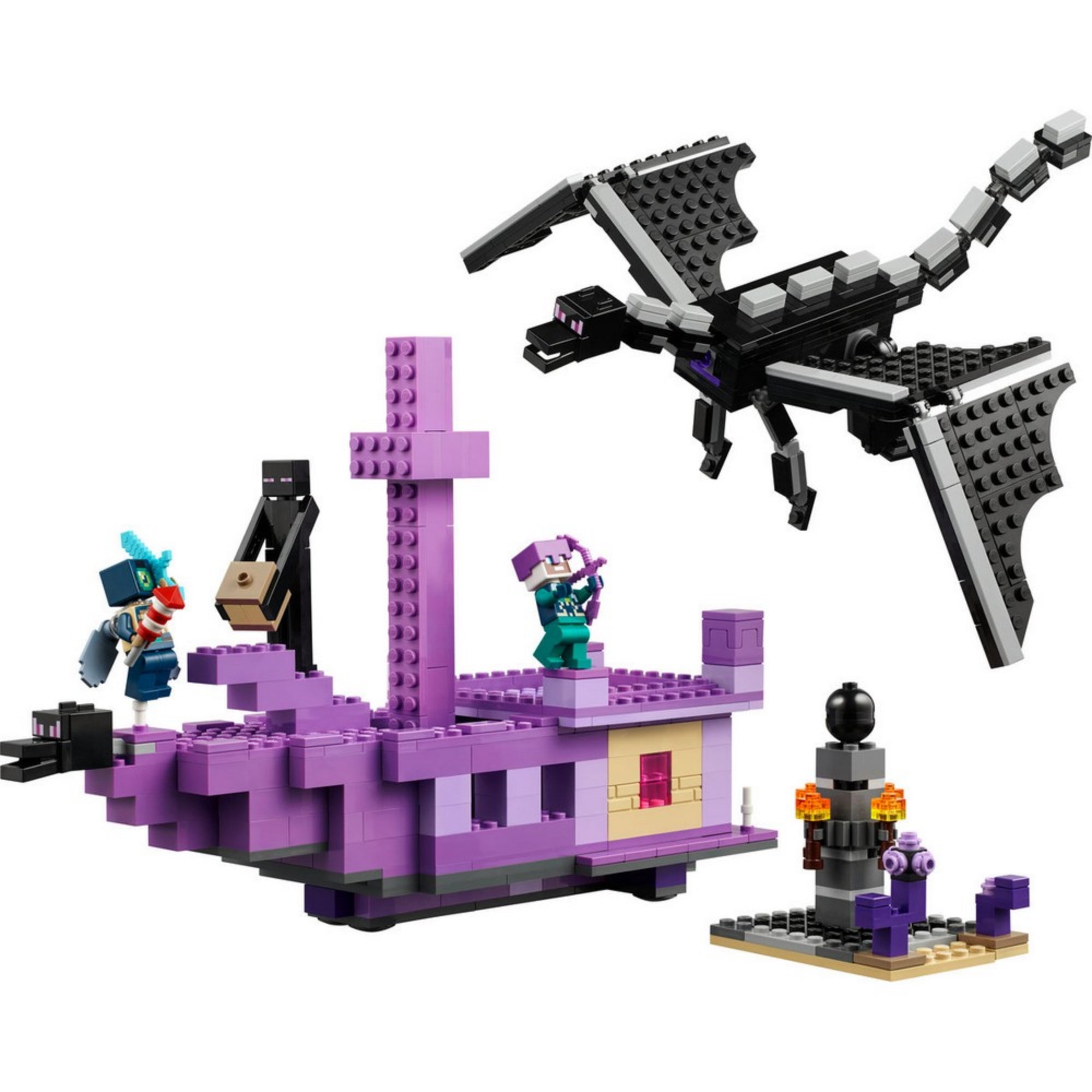 LEGO Minecraft A Végzetsárkány és a Végzethajó (21264) készlet összeszerelve, sötétlila hajóval, Enderman figurával, páncélos hőssel és repülő fekete sárkánnyal, valamint egy kisebb toronnyal a jobb oldalon.