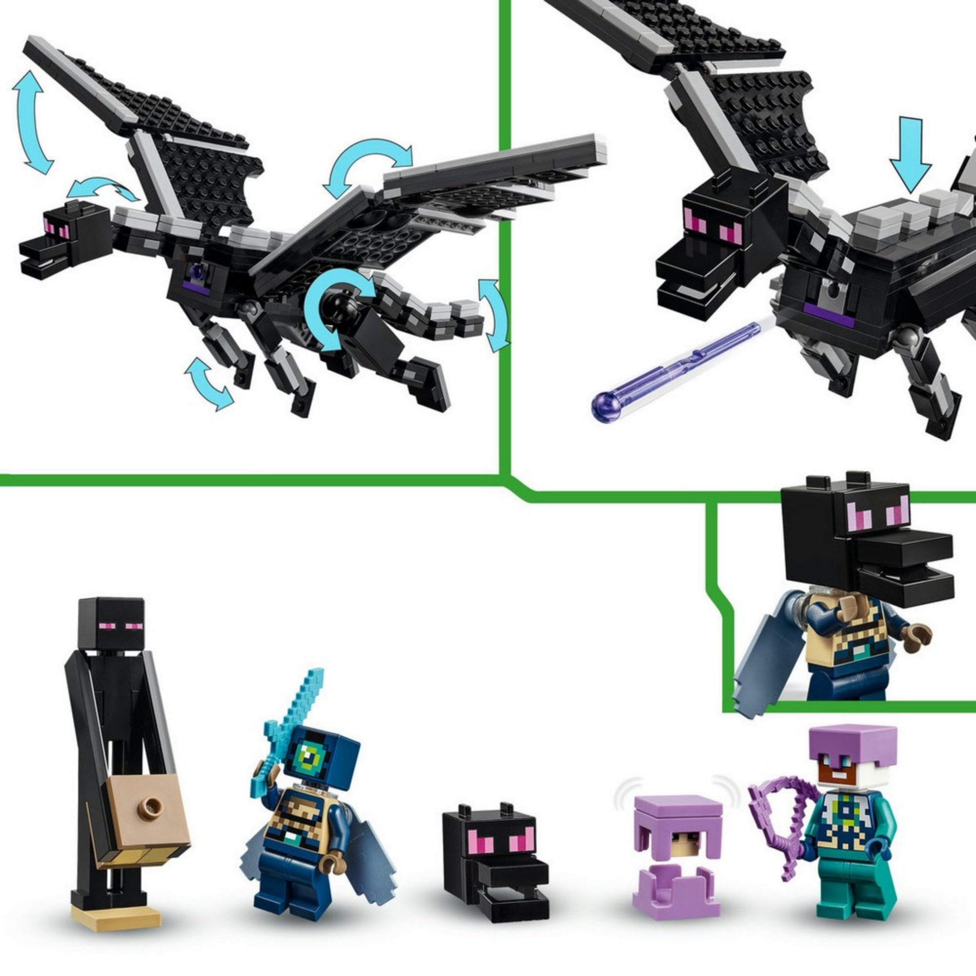 A LEGO Minecraft 21264 készlet mozgatható sárkányrészletei és karakterei: Enderman, szárnyas harcos, két fejváltozat, valamint egy kisebb, kockafejű lila figura.