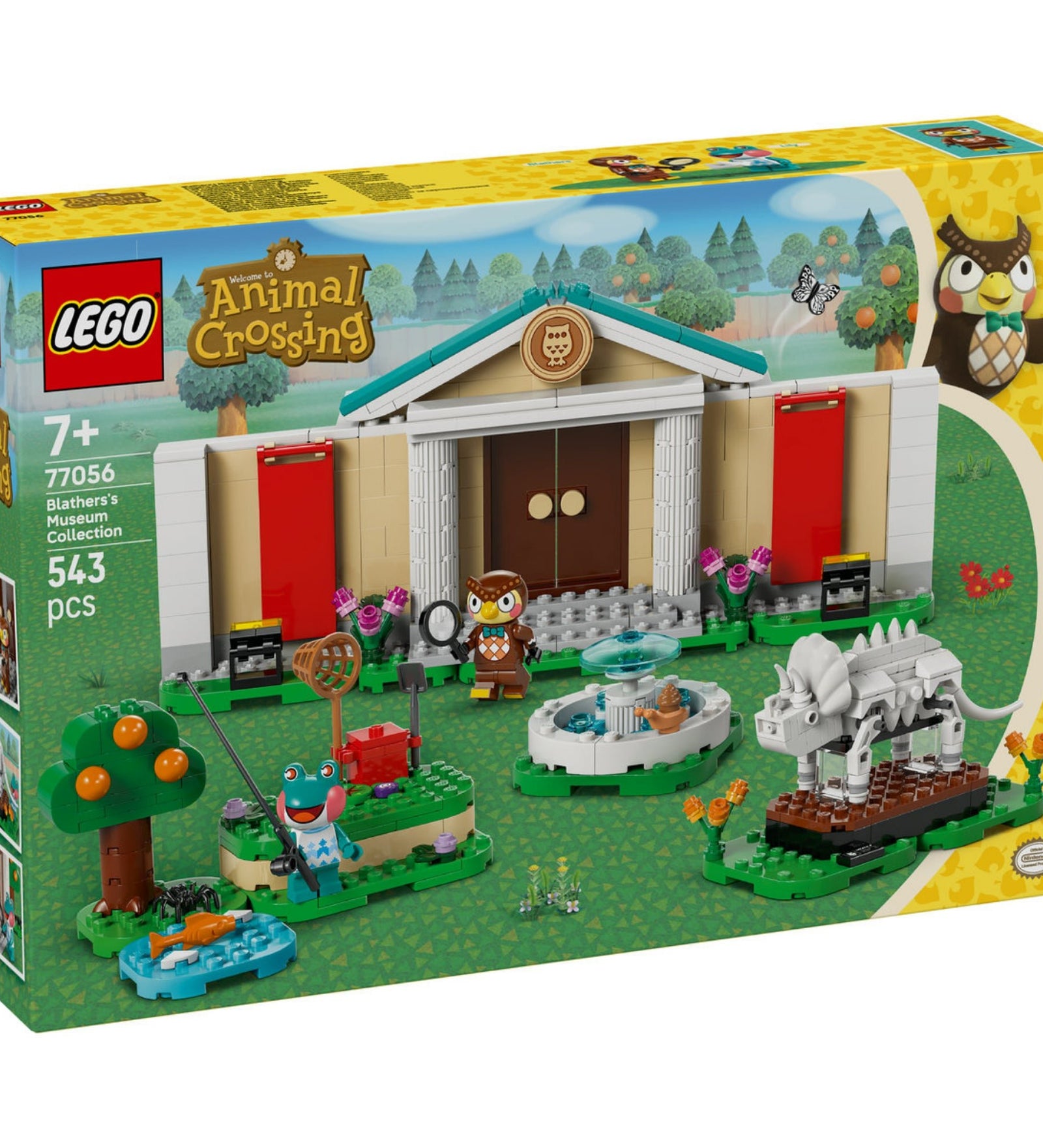 A LEGO Animal Crossing 77056 doboza közelről, látható rajta a múzeum homlokzata, Blathers figura nagyítóval, Froggy horgászbottal, szökőkút, dinócsontváz, gyümölcsfa és tavacska. A dobozon a 7+ korosztályjelzés és a hivatalos Nintendo logó is megjelenik.