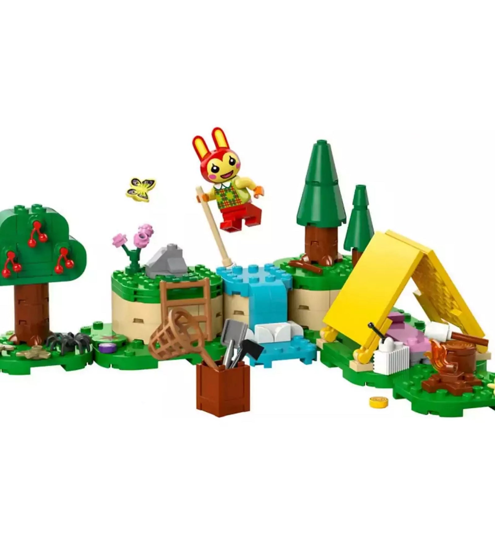 LEGO Animal Crossing Bunnie szabadtéri tevékenységei (77047) épített jelenet – Összeállított LEGO jelenet Bunnie figurával, sátrazós kempinggel, vízeséssel, cseresznyefával és különféle kempinges kiegészítőkkel.