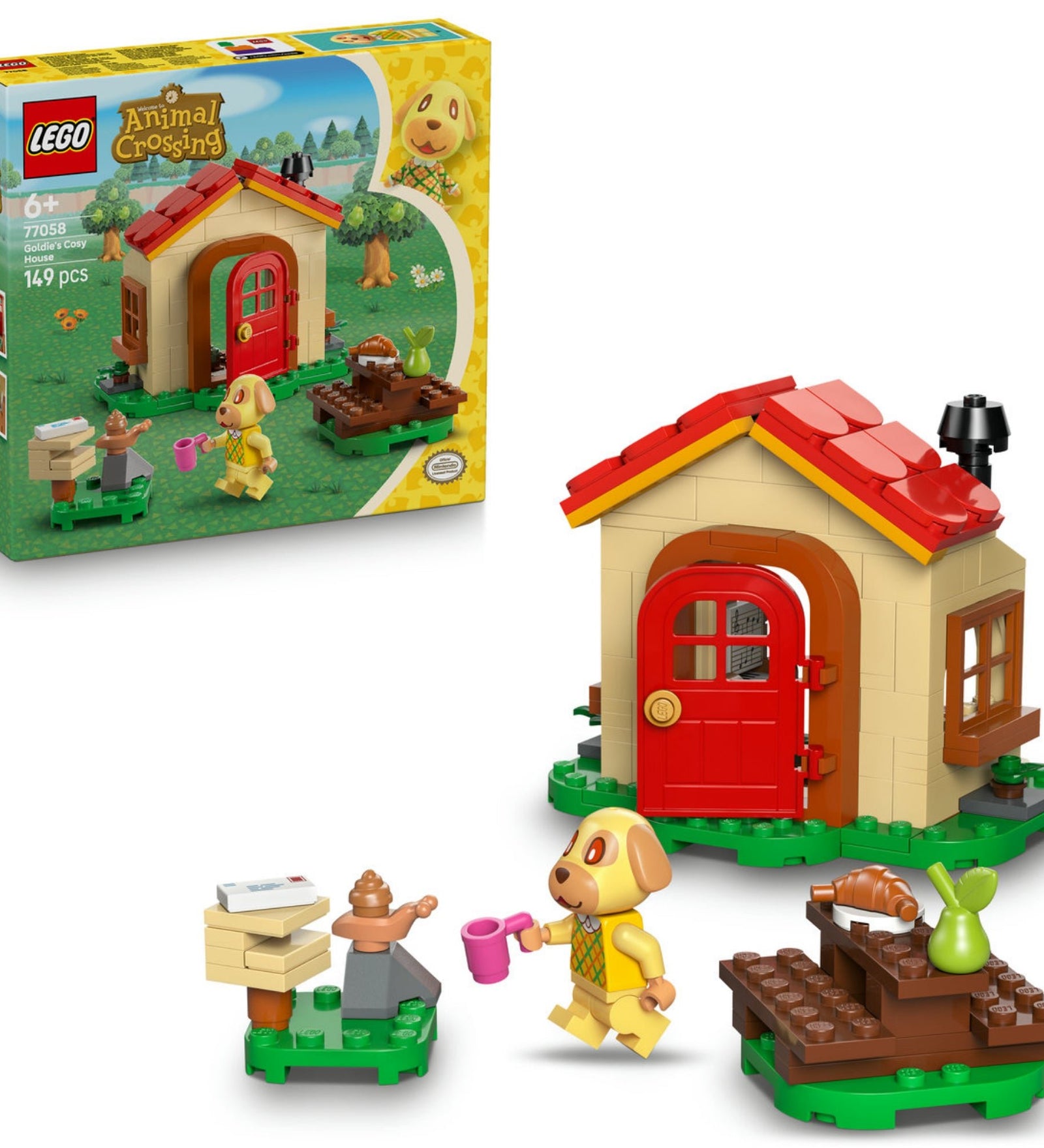 A LEGO 77058 készlet doboza és az összeépített Goldie otthonos házikója jelenet együtt, Goldie kutyafigura a ház előtt, háttérben fákkal, virágokkal és a doboz dizájnján a sárga alapszín és Animal Crossing logó látható.