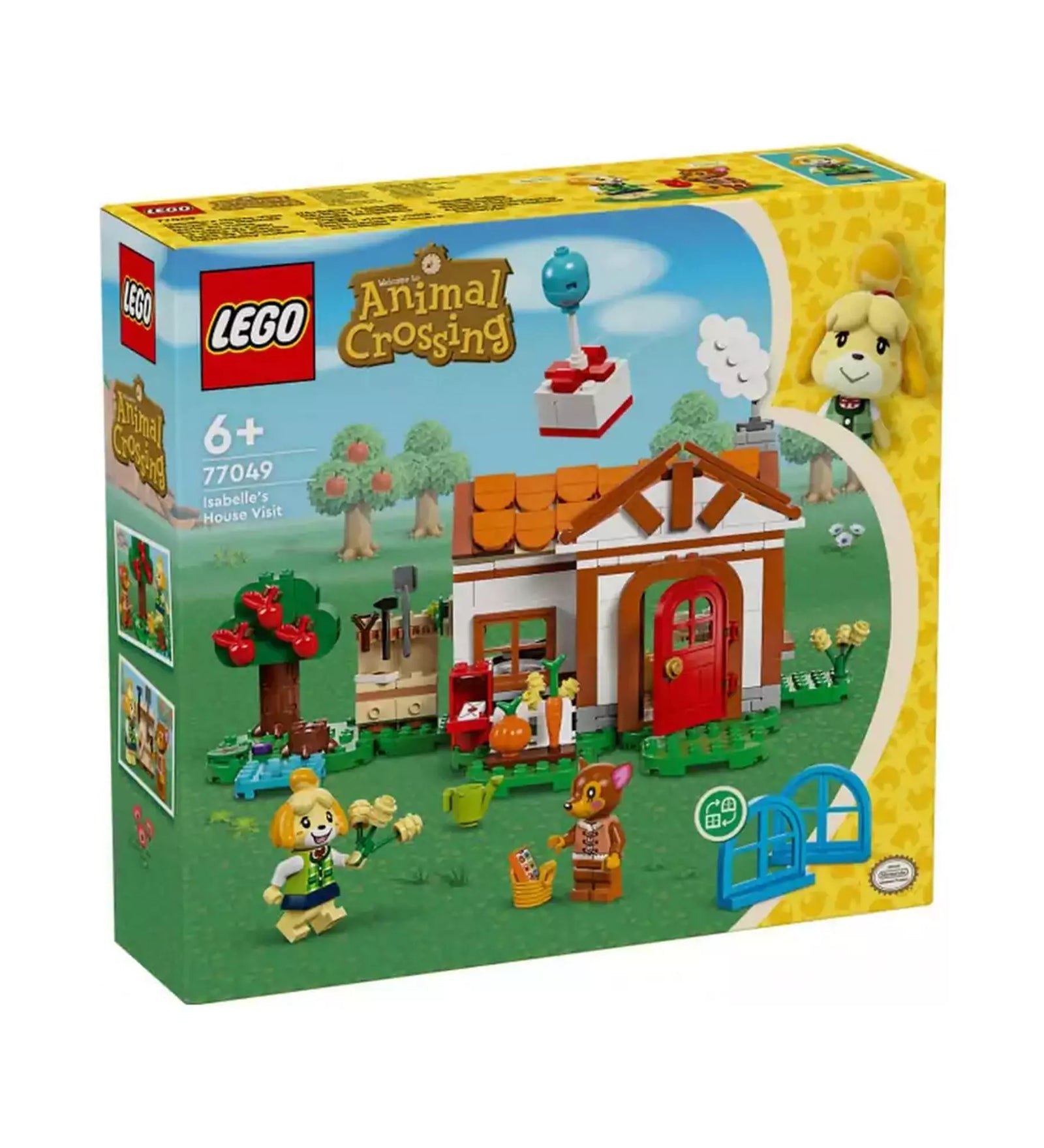 LEGO Animal Crossing Isabelle házhoz megy (77049) dobozkép – A LEGO Animal Crossing készlet doboza, amelyen Isabelle és Fauna szereplők láthatók a kis ház és kerti kiegészítők mellett, zöld rétes háttérrel.