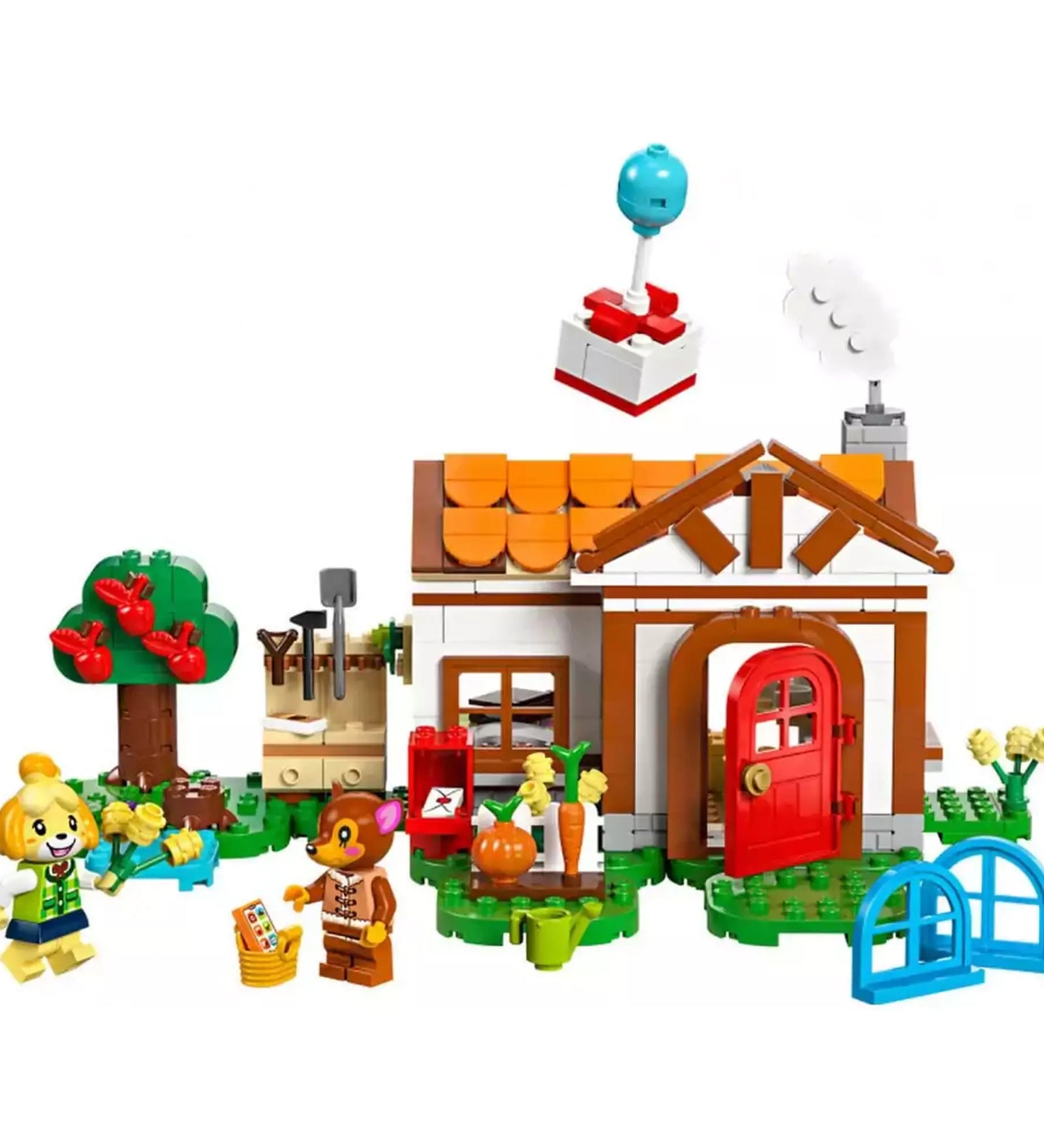 LEGO Animal Crossing Isabelle házhoz megy (77049) épített jelenet – Összeállított LEGO jelenet Isabelle és Fauna karakterekkel, piros ajtós házzal, almás fával, kerttel és lufis ajándékdobozzal.