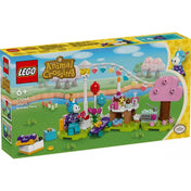 A LEGO Animal Crossing Julian születésnapi bulija (77046) szett doboza, rajta a színes ünnepi jelenet és Julian figurája a háttérben lévő vidéki tájjal.