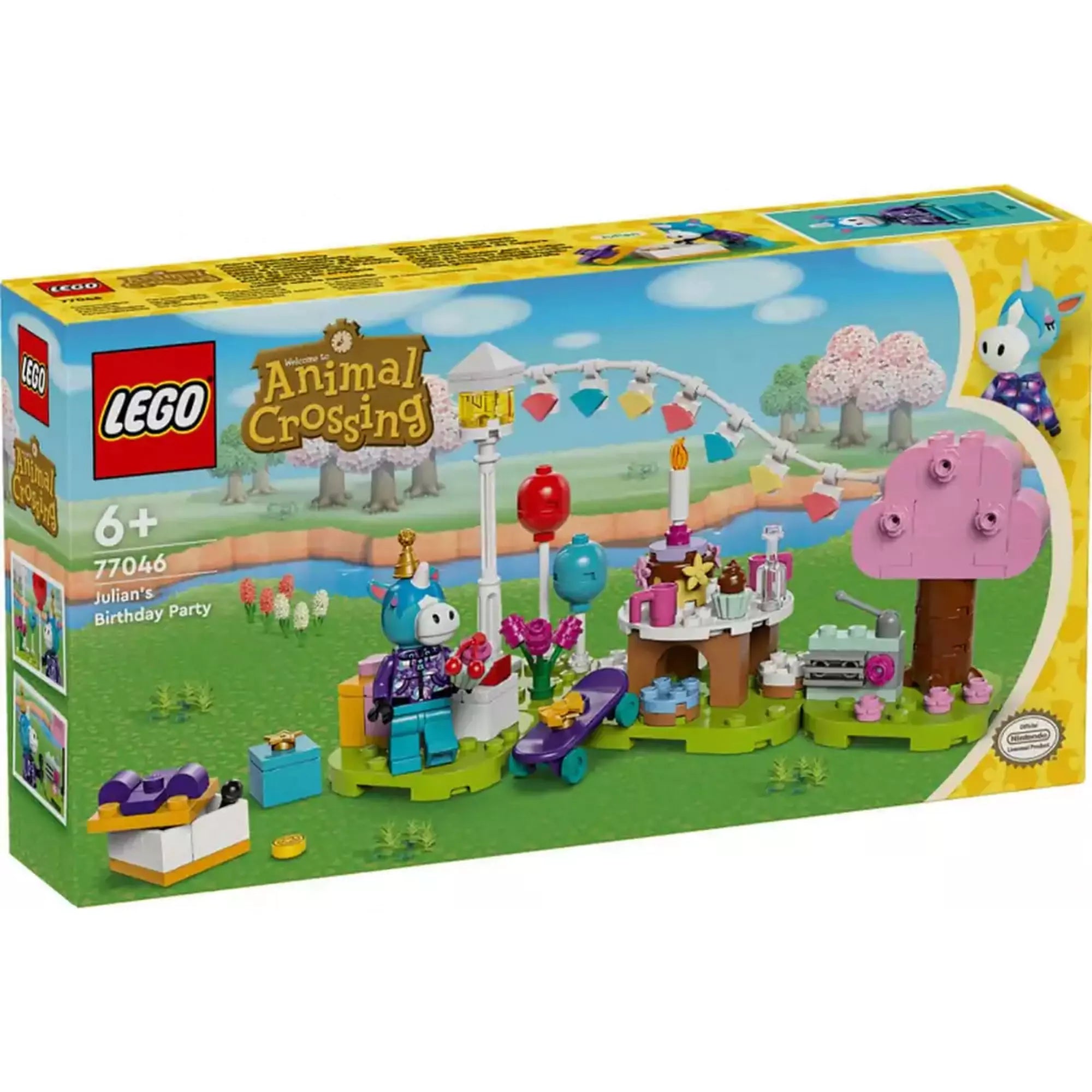 A LEGO Animal Crossing Julian születésnapi bulija (77046) szett doboza, rajta a színes ünnepi jelenet és Julian figurája a háttérben lévő vidéki tájjal.