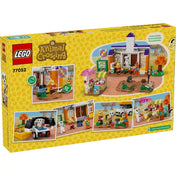 A LEGO Animal Crossing: K.K. koncertje a téren (77052) doboz hátlapja, többféle jelenetvariációval, amely bemutatja az egyes építmények és karakterek játék közbeni lehetőségeit.
