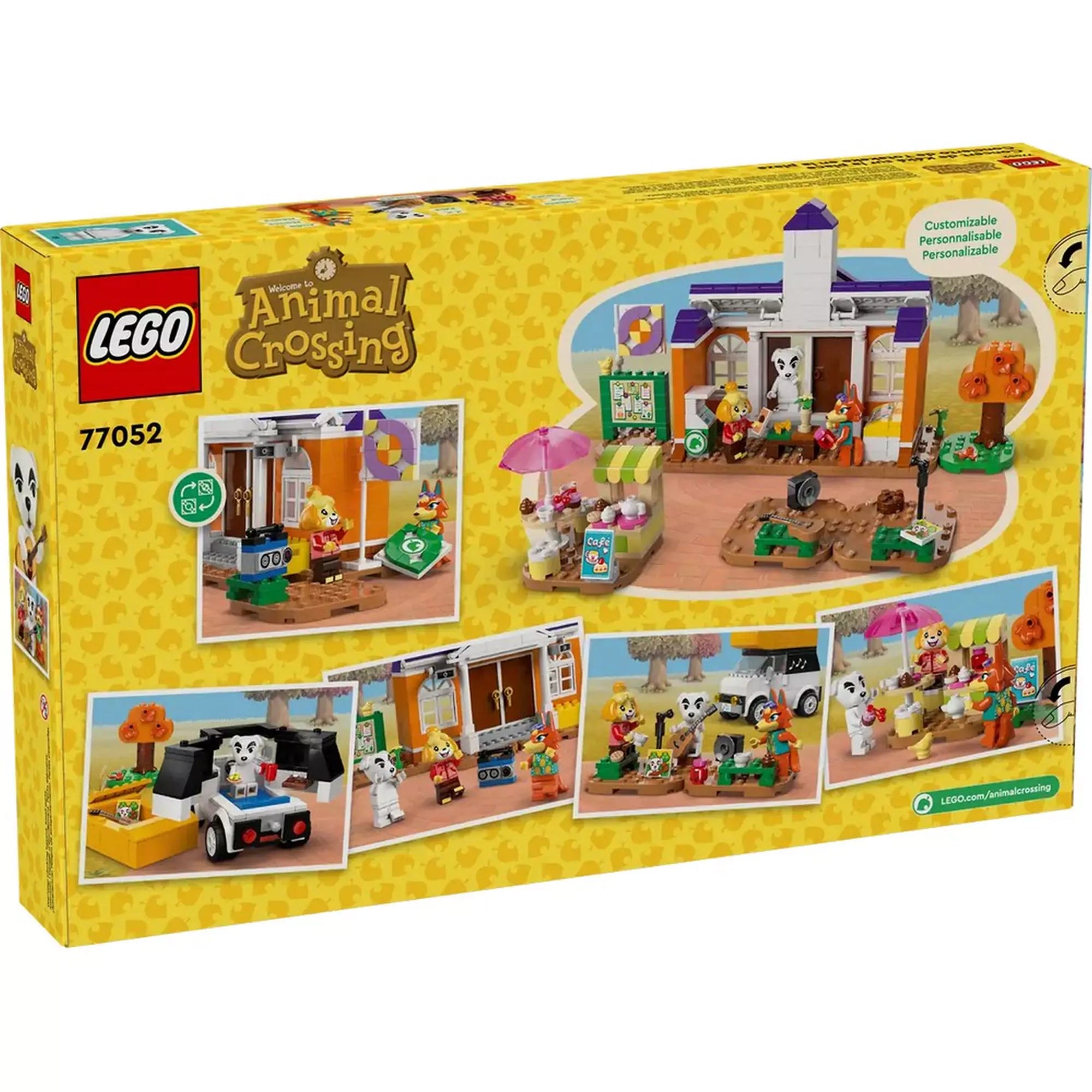 A LEGO Animal Crossing: K.K. koncertje a téren (77052) doboz hátlapja, többféle jelenetvariációval, amely bemutatja az egyes építmények és karakterek játék közbeni lehetőségeit.