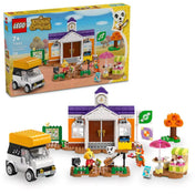 LEGO Animal Crossing: K.K. koncertje a téren (77052) doboz és a teljes összeépített jelenet, benne a városházával, minifigurákkal, kisbusszal és kiegészítőkkel.