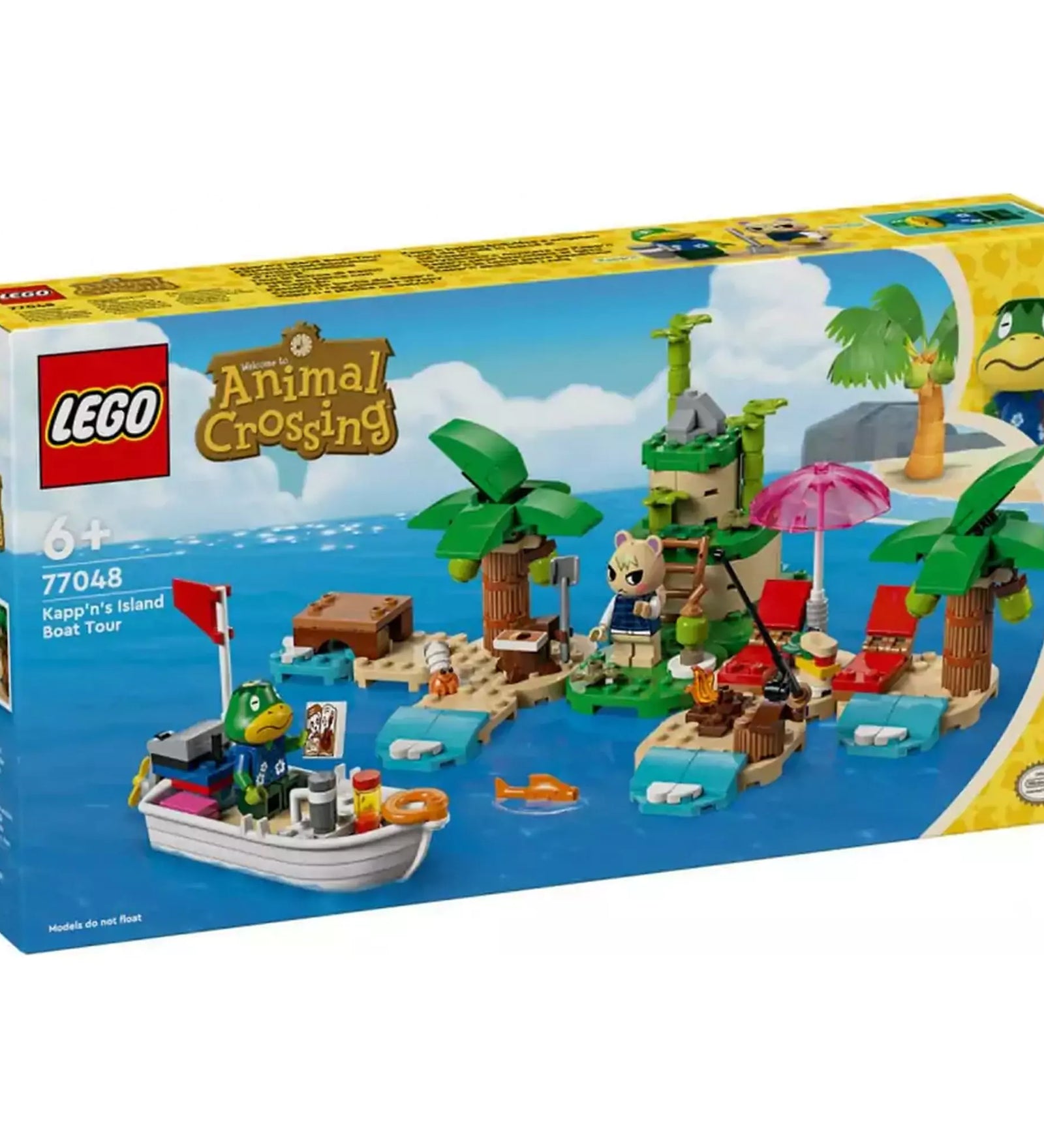EGO Animal Crossing Kapp'n szigeti csónaktúra (77048) dobozkép – A LEGO Animal Crossing készlet doboza, amelyen Kapp’n karaktere csónakban ül, míg a háttérben pálmafás sziget, napernyő, nyugágyak és más szereplők láthatók.