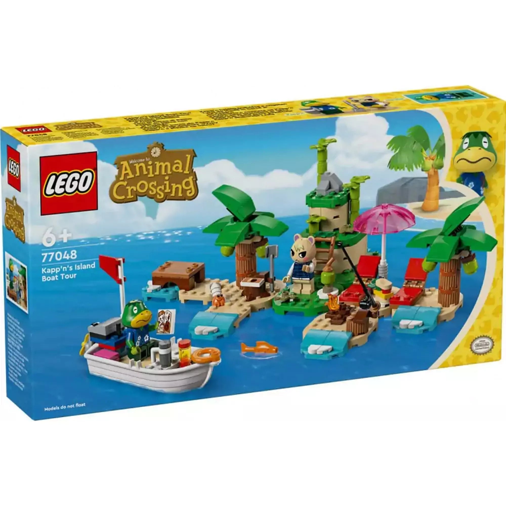 EGO Animal Crossing Kapp'n szigeti csónaktúra (77048) dobozkép – A LEGO Animal Crossing készlet doboza, amelyen Kapp’n karaktere csónakban ül, míg a háttérben pálmafás sziget, napernyő, nyugágyak és más szereplők láthatók.
