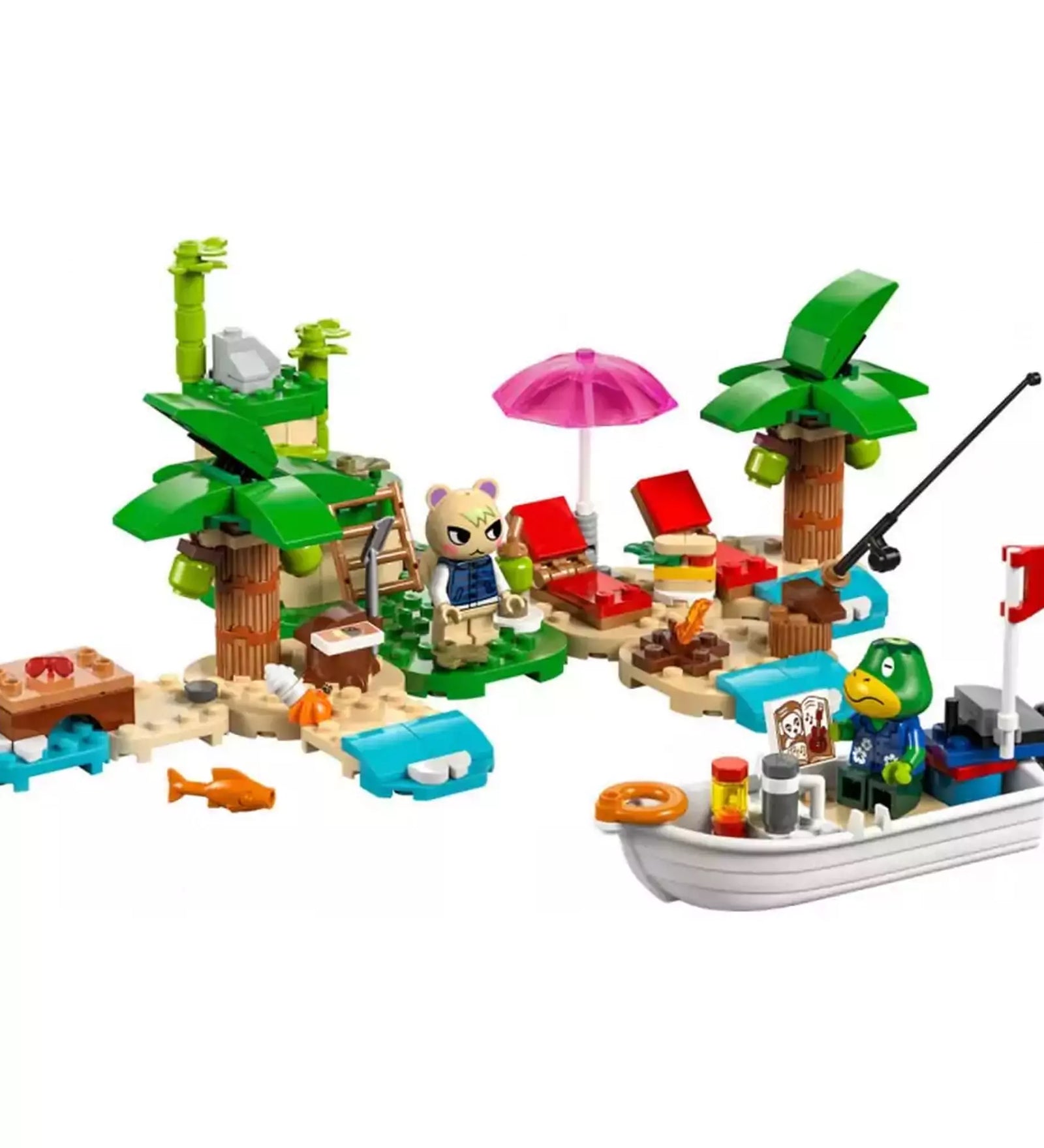 LEGO Animal Crossing Kapp'n szigeti csónaktúra (77048) épített jelenet – Összeállított LEGO jelenet tengerparti szigettel, pálmafákkal, csónakkal, horgászbottal, napozóágyakkal és Kapp’n hajójával.