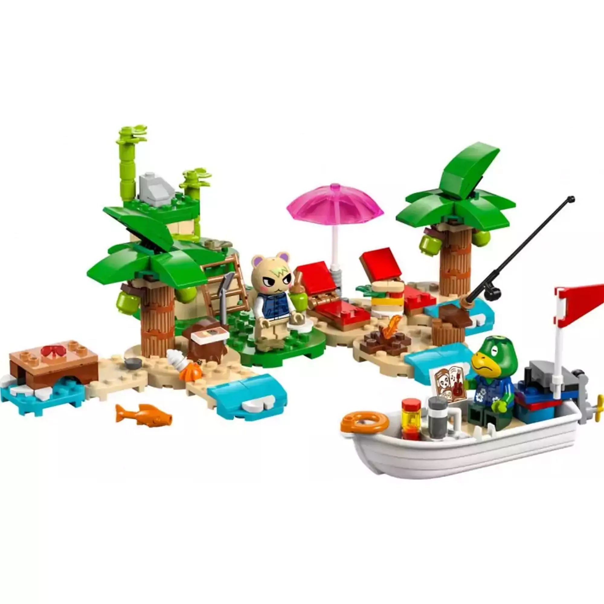 LEGO Animal Crossing Kapp'n szigeti csónaktúra (77048) épített jelenet – Összeállított LEGO jelenet tengerparti szigettel, pálmafákkal, csónakkal, horgászbottal, napozóágyakkal és Kapp’n hajójával.