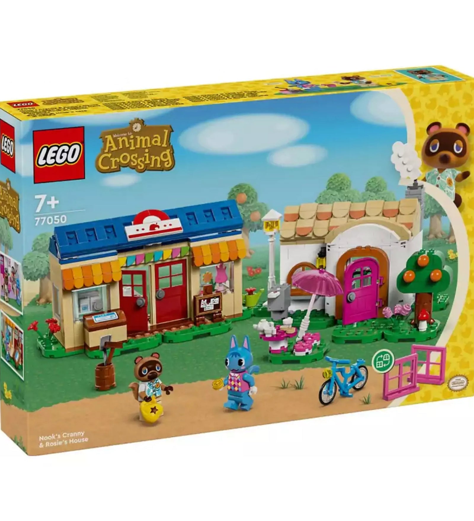 LEGO Animal Crossing Nook boltja és Rosie háza (77050) dobozkép – A LEGO Animal Crossing készlet doboza, amelyen a kék tetős bolt, a rózsaszín ház, kiegészítők és a Tom Nook, Rosie figurák láthatók zöld háttérrel.