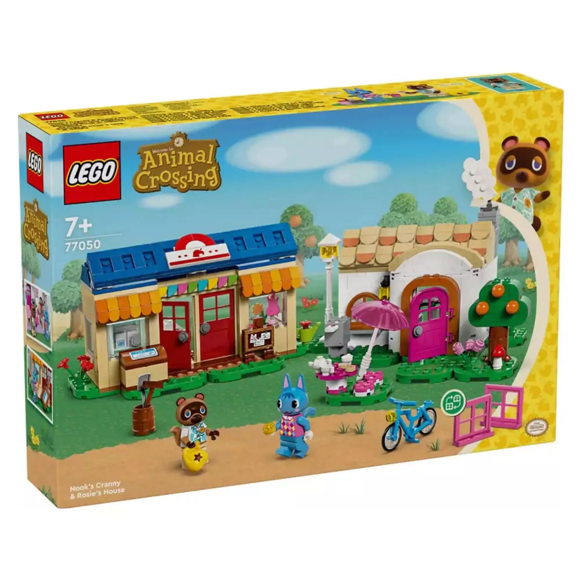 LEGO Animal Crossing Nook boltja és Rosie háza (77050) dobozkép – A LEGO Animal Crossing készlet doboza, amelyen a kék tetős bolt, a rózsaszín ház, kiegészítők és a Tom Nook, Rosie figurák láthatók zöld háttérrel.