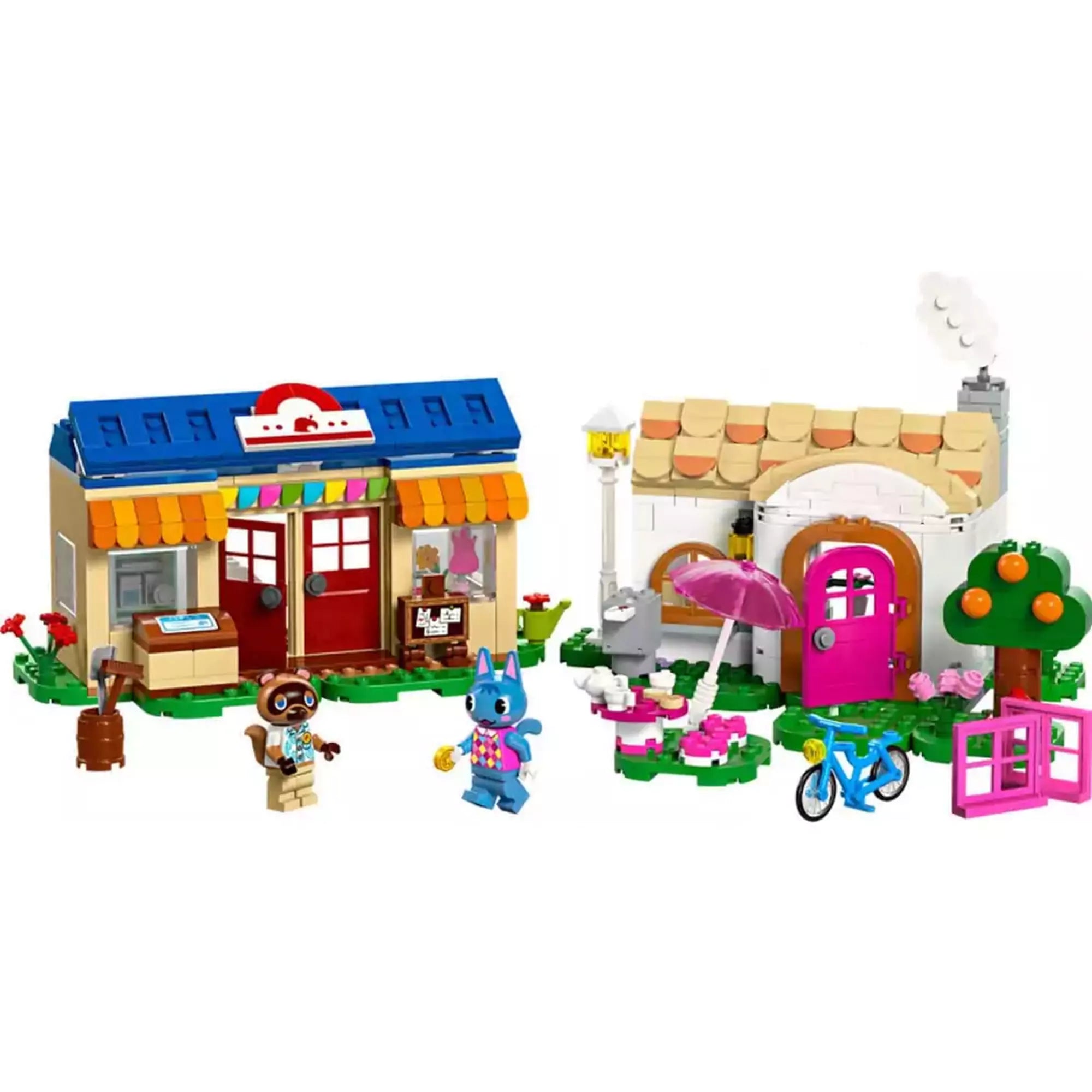 GO Animal Crossing Nook boltja és Rosie háza (77050) épített jelenet – LEGO jelenet Nook’s Cranny boltjával, Rosie rózsaszín ajtós házával, biciklivel, narancsfával és három minifigurával: Tom Nook, Rosie és egy fehér macska.