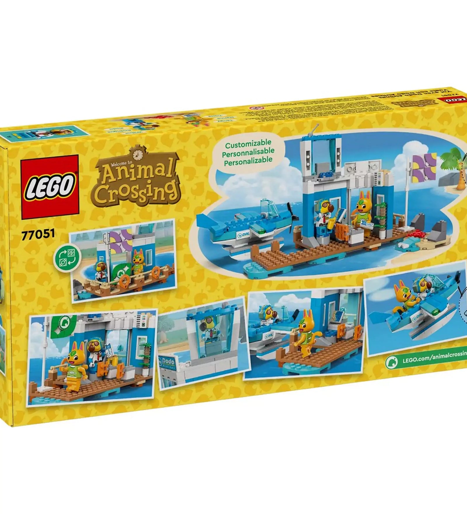 LEGO Animal Crossing: Repülj a Dodo Airlines fedélzetén (77051) doboz hátoldala, a játszható jelenetekkel és testreszabható elemek bemutatásával.