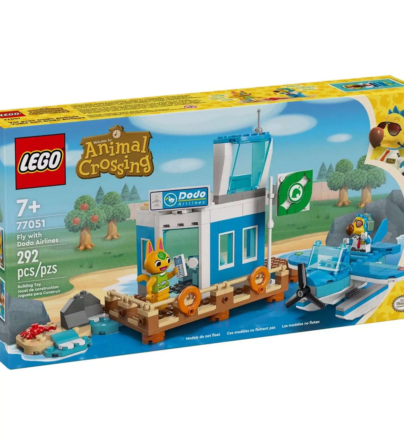 GO Animal Crossing: Repülj a Dodo Airlines fedélzetén (77051) doboz elölnézete, rajta a karakterekkel, a kikötőállomással és a hidroplánnal.