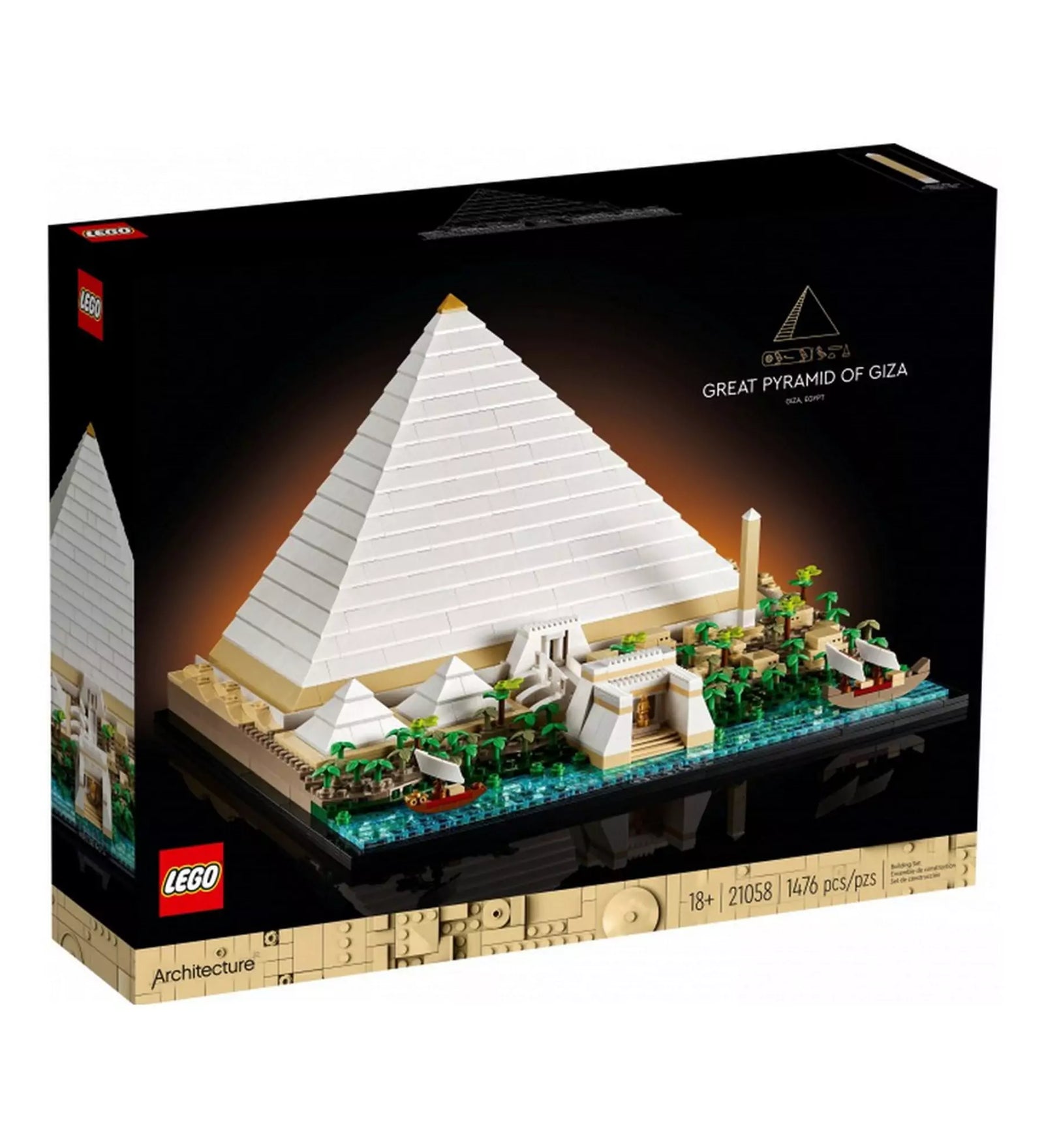 LEGO Architecture: A gízai nagy piramis (21058) készlet doboza, rajta a megépített modell teljes látképe, piramissal, folyóval és hajókkal.