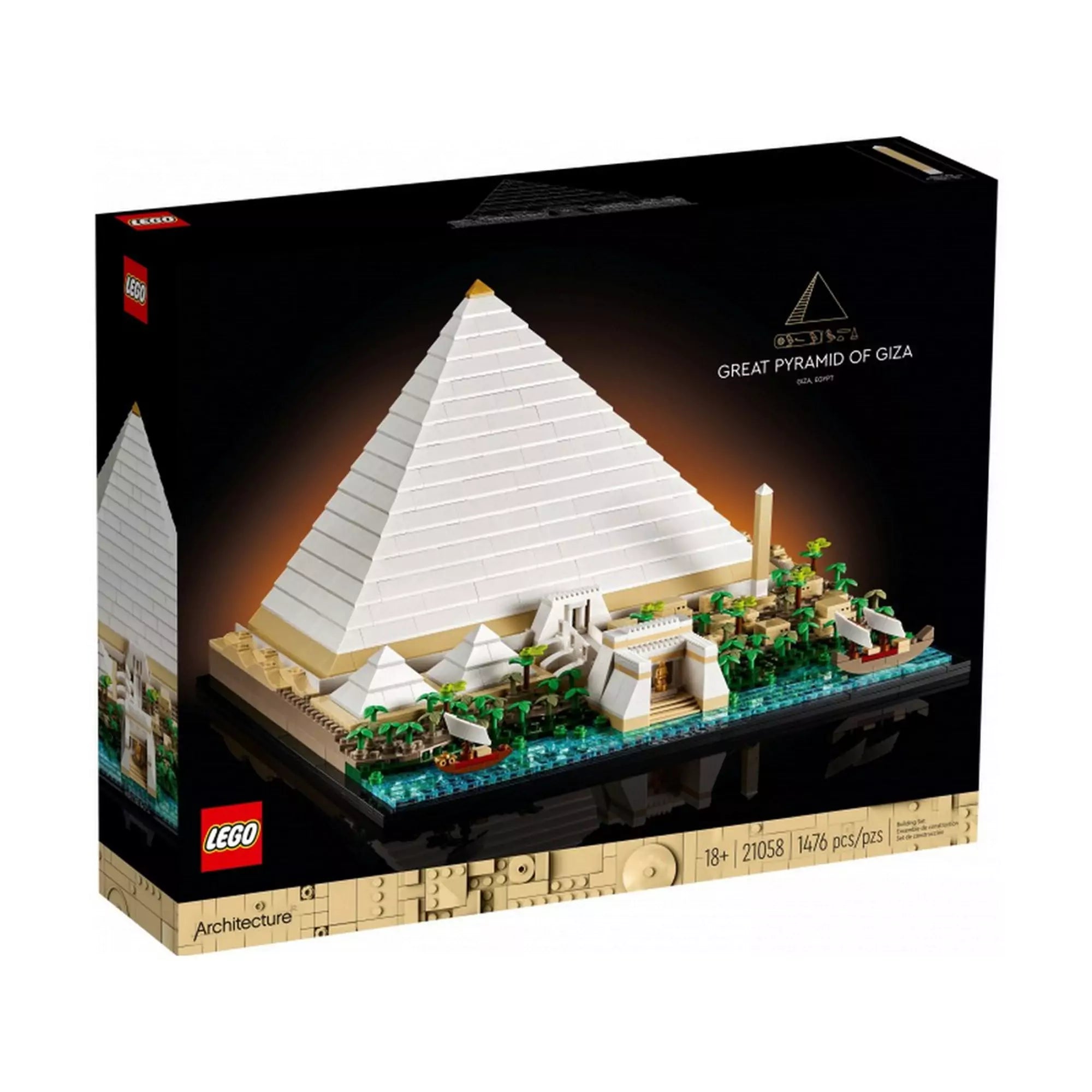 LEGO Architecture: A gízai nagy piramis (21058) készlet doboza, rajta a megépített modell teljes látképe, piramissal, folyóval és hajókkal.