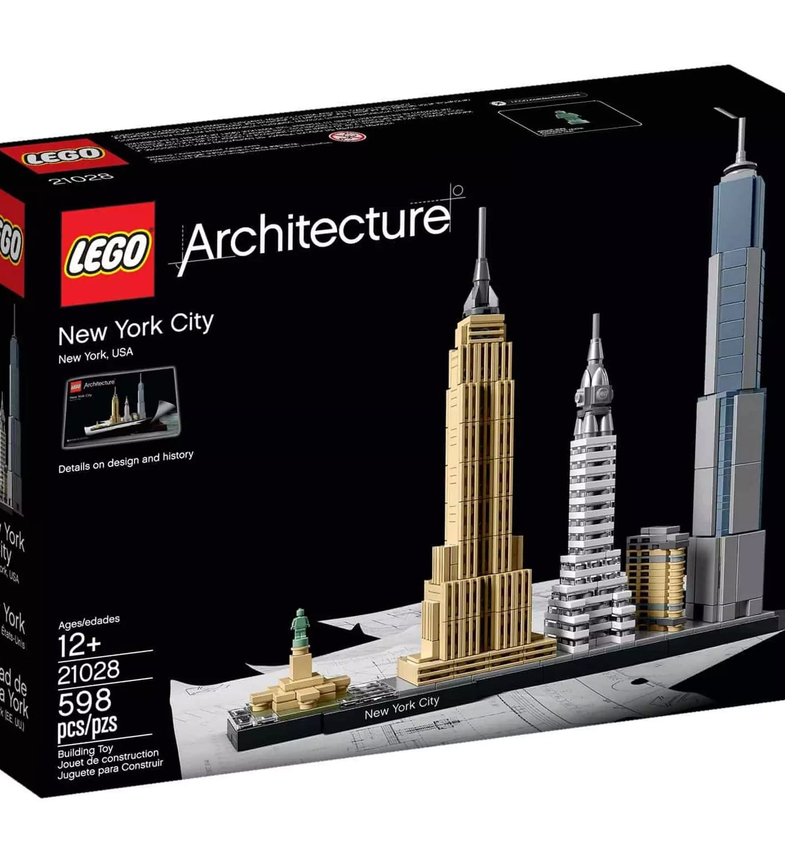 LEGO Architecture New York City (21028) dobozkép – A LEGO Architecture sorozat elegáns fekete doboza, rajta New York ikonikus épületeivel: Szabadság-szobor, Empire State Building, Chrysler Building, Flatiron Building és One World Trade Center.