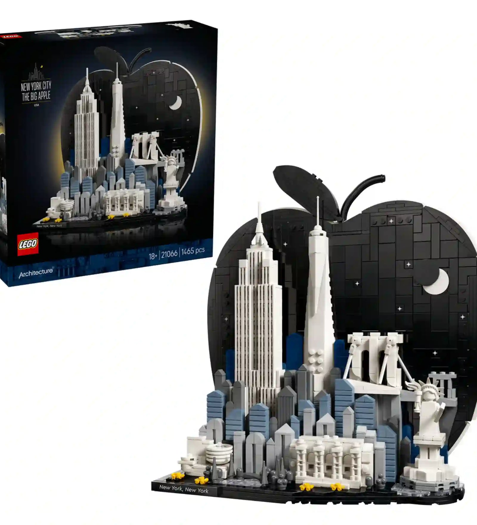 LEGO Architecture New York City – The Big Apple 21066 készlet doboza és kész modellje együtt, New York ikonikus épületeinek részletgazdag LEGO megjelenítésével.
