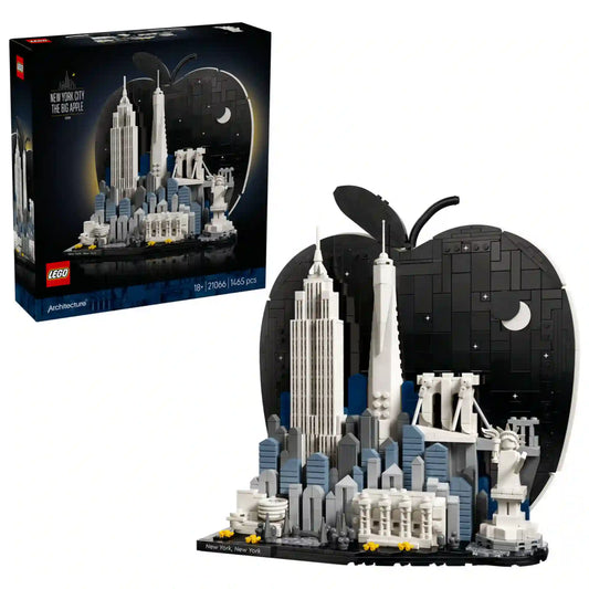 LEGO Architecture New York City – The Big Apple 21066 készlet doboza és kész modellje együtt, New York ikonikus épületeinek részletgazdag LEGO megjelenítésével.
