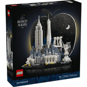 LEGO Architecture New York City – The Big Apple 21066 készlet elölnézeti dobozképe, amely a város sziluettjét és az alma formájú háttérelemet mutatja be.
