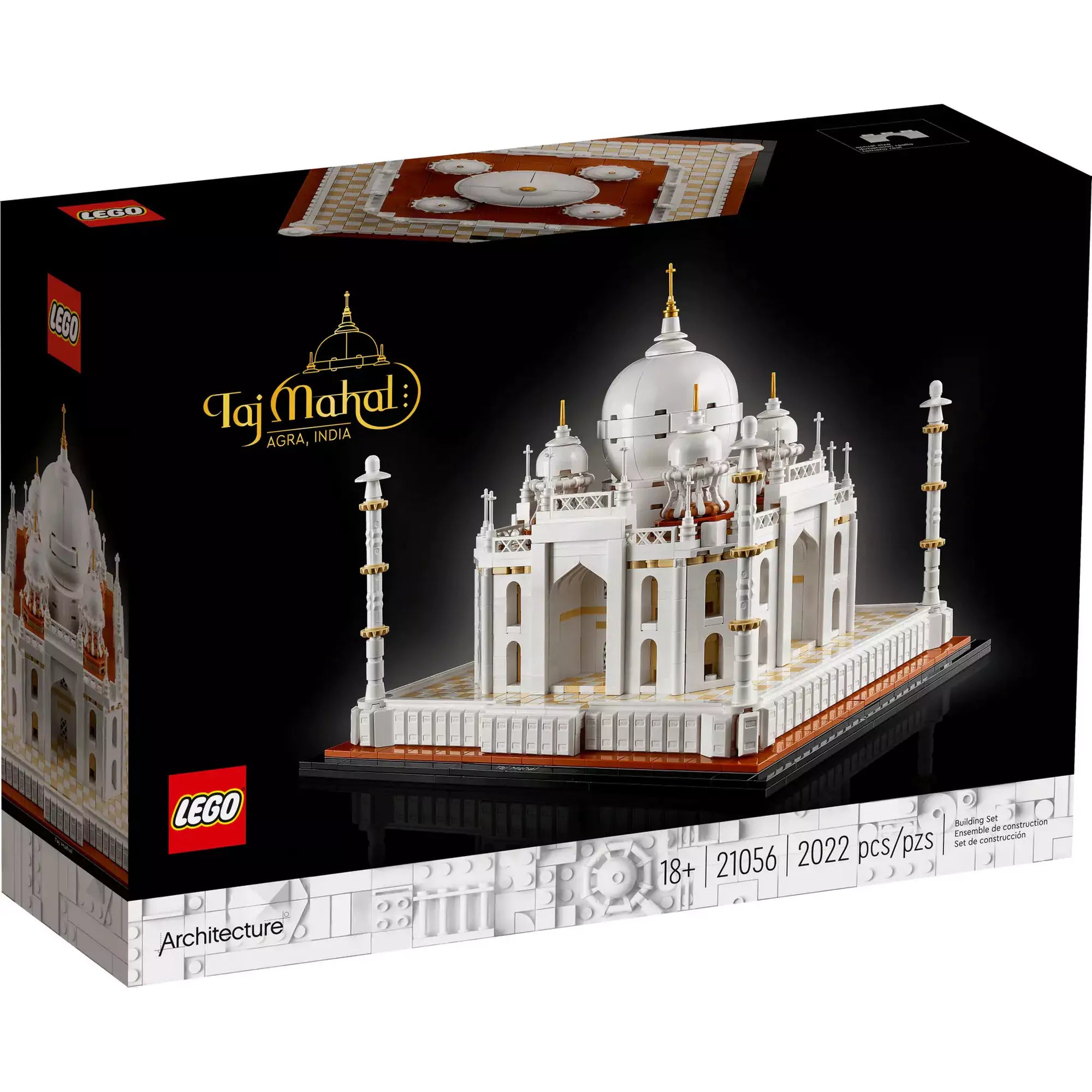 LEGO Architecture Taj Mahal (21056) készlet doboza, amelyen a kész modell látható fekete háttér előtt, arany felirattal és 2022 darabos jelzéssel.