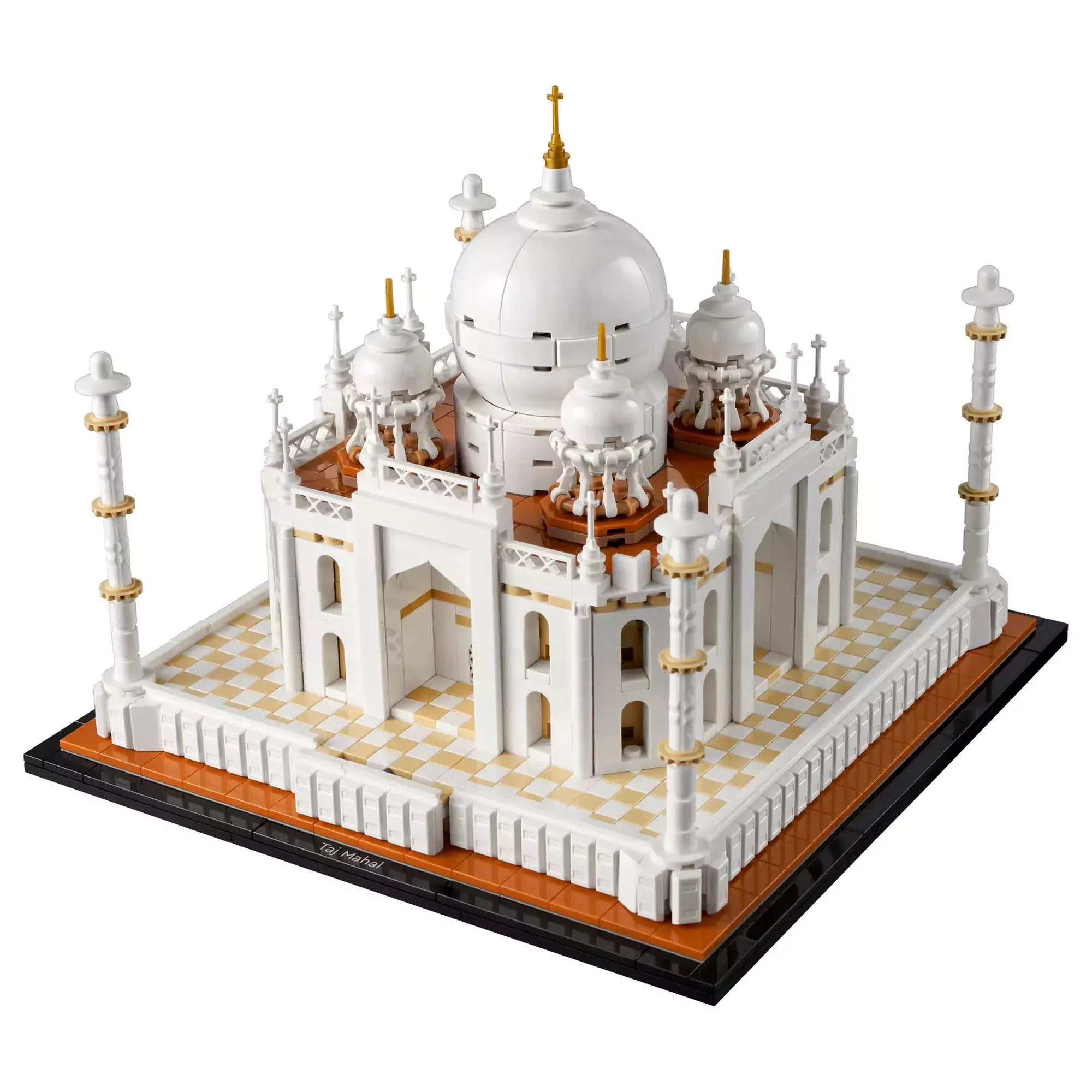 LEGO Architecture Taj Mahal (21056) készlet megépített modellje részletes fehér kupolákkal, négy minarettel és barna-fehér csempés alappal.