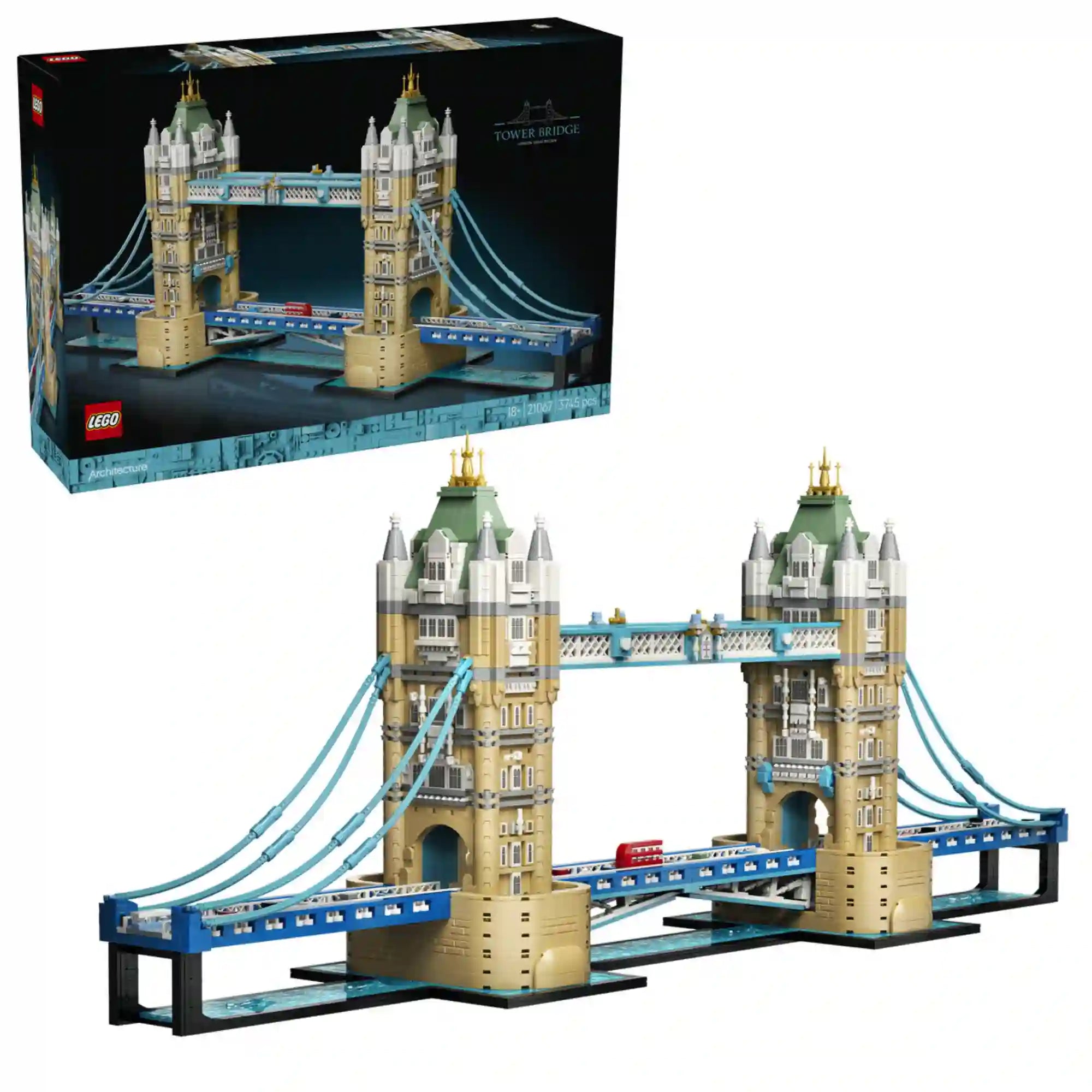 A LEGO Architecture Tower Bridge 21067 készlet doboza a megépített hídmodell mellett.