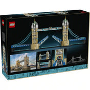 A LEGO Architecture Tower Bridge 21067 dobozának hátoldala, amely a felnyitható híd funkcióit és a modell részleteit mutatja be.