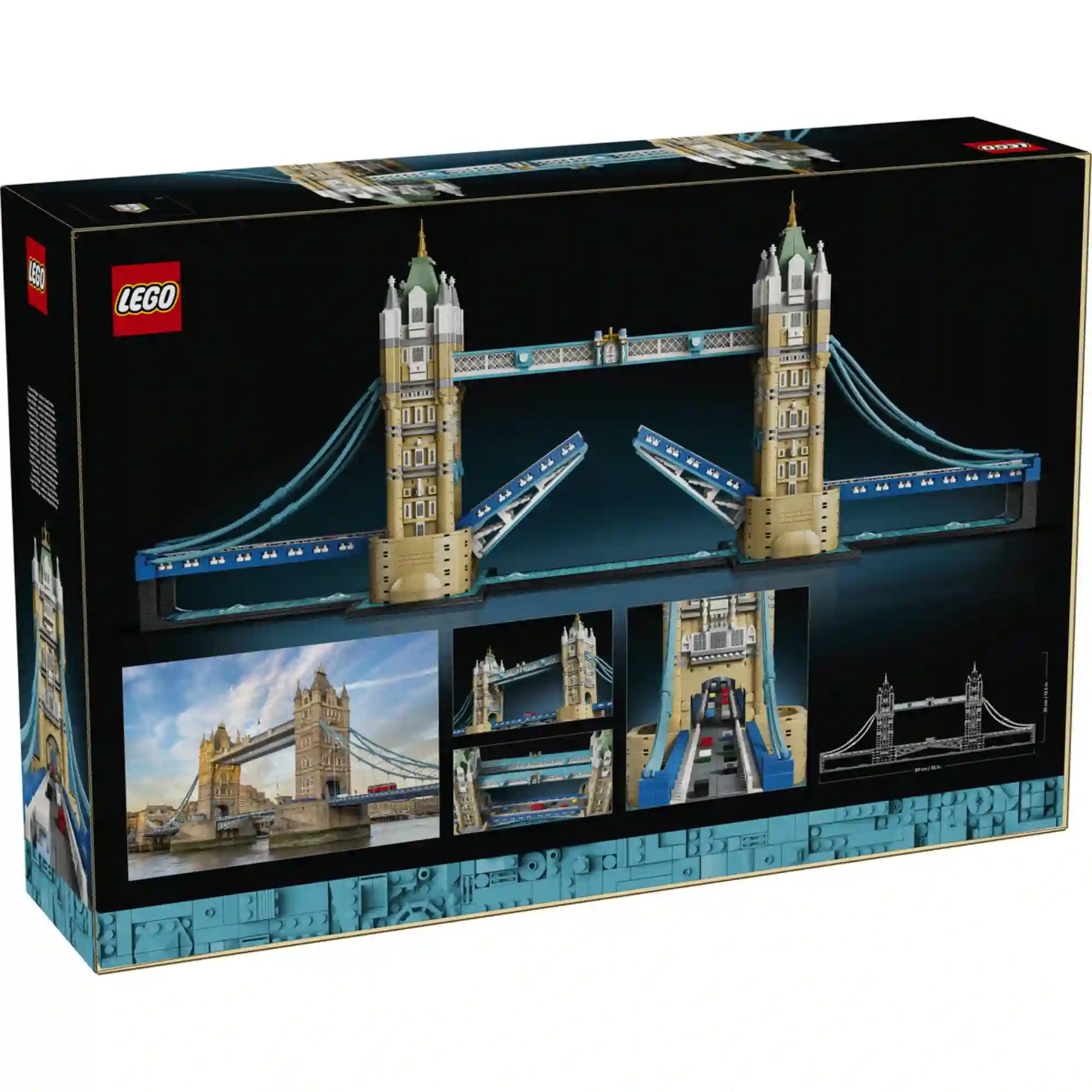 A LEGO Architecture Tower Bridge 21067 dobozának hátoldala, amely a felnyitható híd funkcióit és a modell részleteit mutatja be.