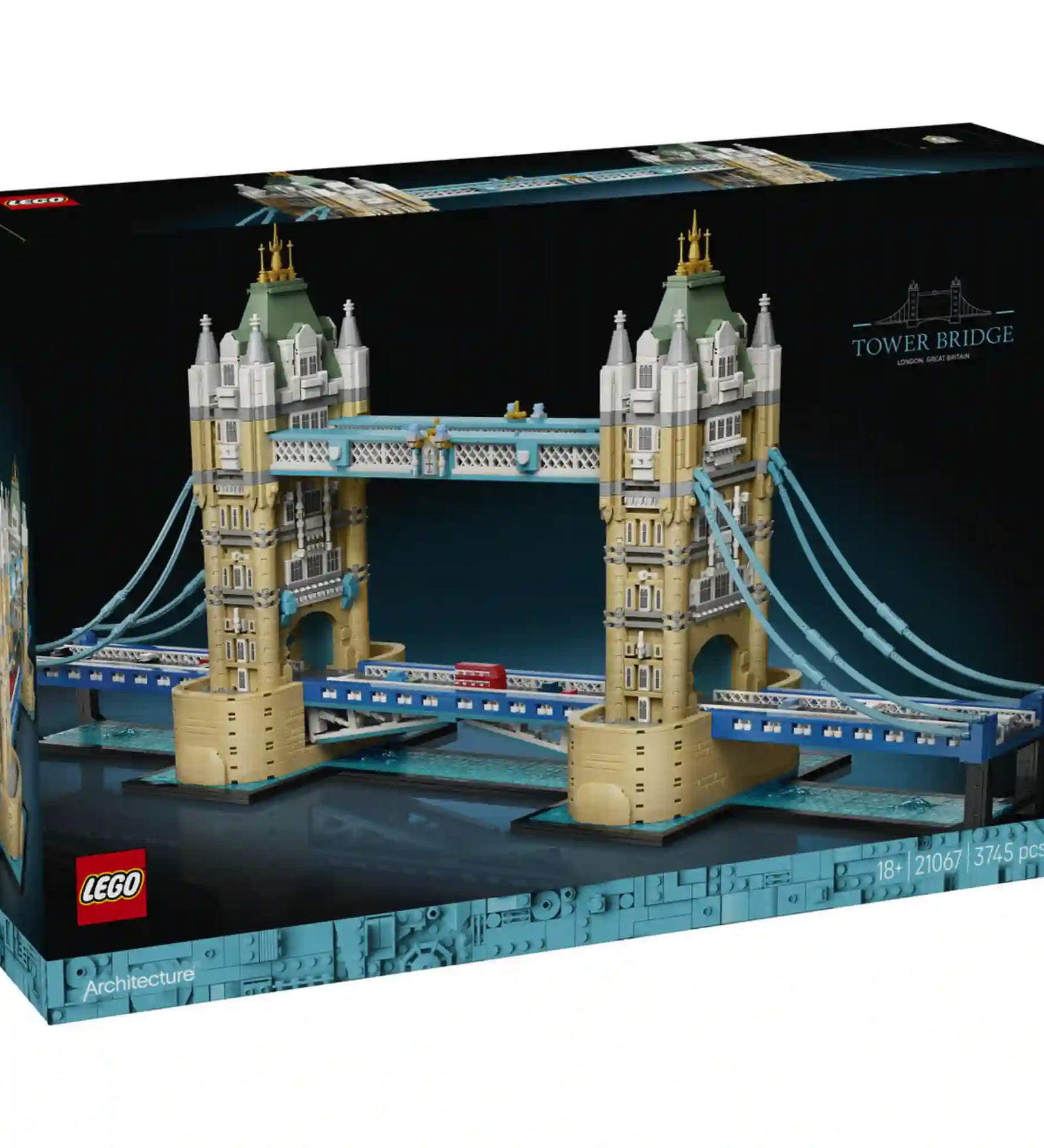 A LEGO Architecture Tower Bridge 21067 dobozának eleje a kész modell látványos fotójával.