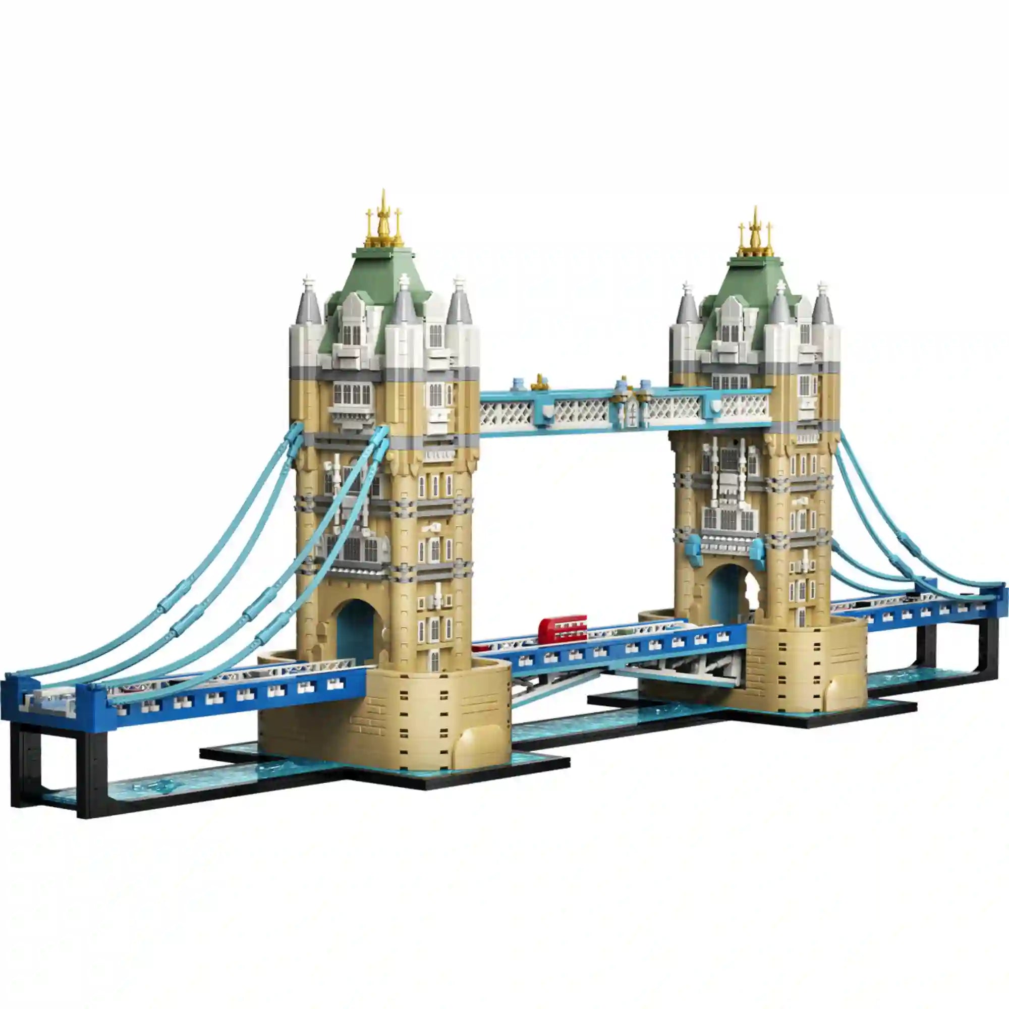 A LEGO Architecture Tower Bridge 21067 megépített londoni Tower Bridge modellje részletgazdag tornyokkal és felnyitható híddal.