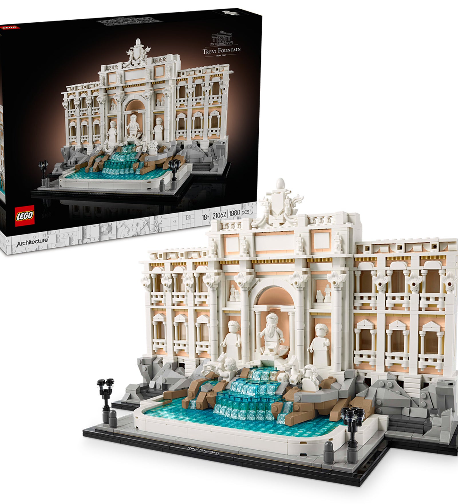 A LEGO Architecture Trevi-kút (21062) doboza és az összeépített modell, amely részletesen ábrázolja a híres római szökőkutat, a Palazzo Poli homlokzatával és a vízeséses medencével.