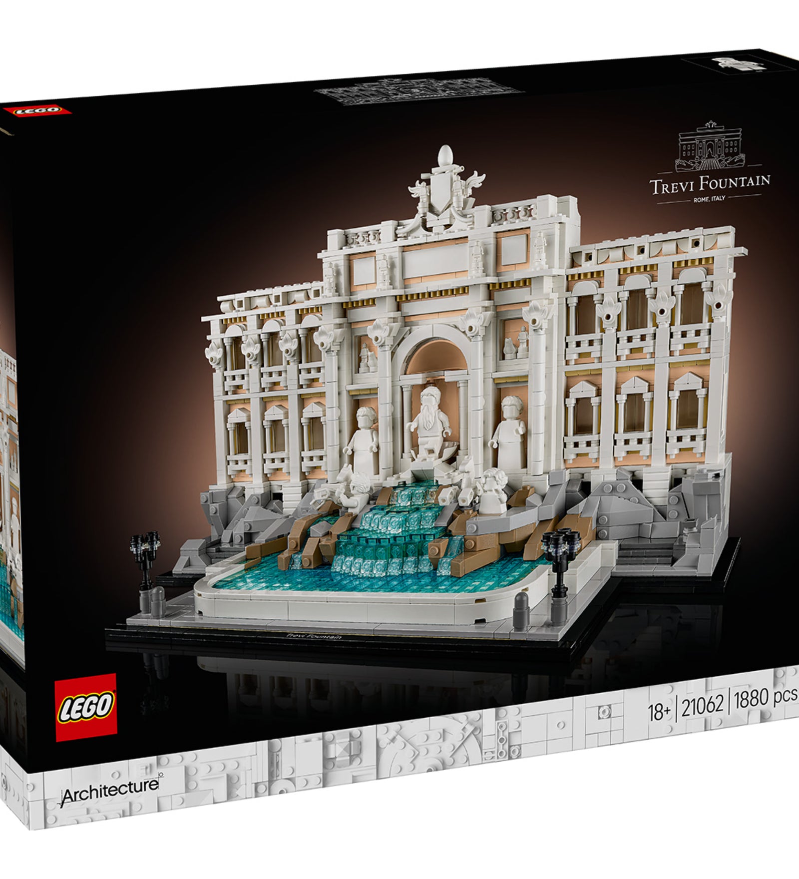 A LEGO Architecture Trevi-kút (21062) doboza, amely a részletgazdag római szökőkút LEGO modelljét ábrázolja, a Palazzo Poli homlokzatával és a vízeséses medencével.