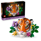 A LEGO Art: Tigris (31217) készlet, amely tartalmazza a teljesen összerakott tigrisfejet és a dobozát, színes növénydíszekkel kiegészítve.