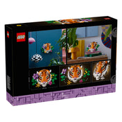 A LEGO Art: Tigris (31217) készlet hátoldala, mely háromféle elrendezési lehetőséget, lakásdekorációs példákat és a LEGO tigris faliképet virágdíszekkel mutatja be.
