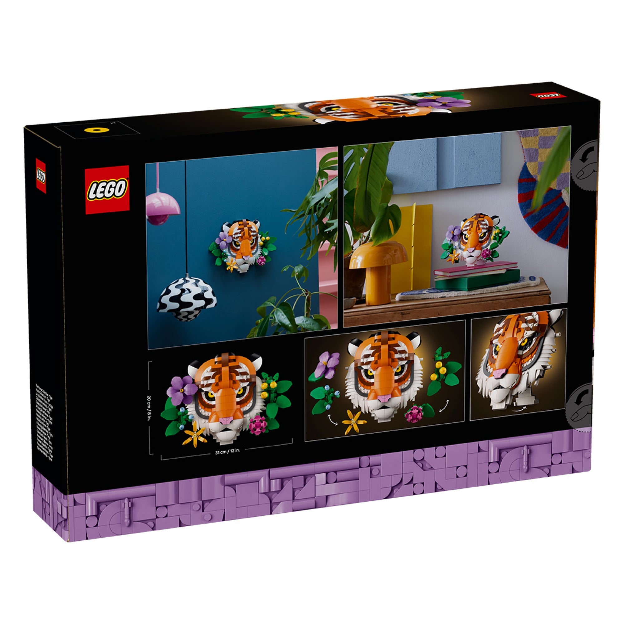 A LEGO Art: Tigris (31217) készlet hátoldala, mely háromféle elrendezési lehetőséget, lakásdekorációs példákat és a LEGO tigris faliképet virágdíszekkel mutatja be.