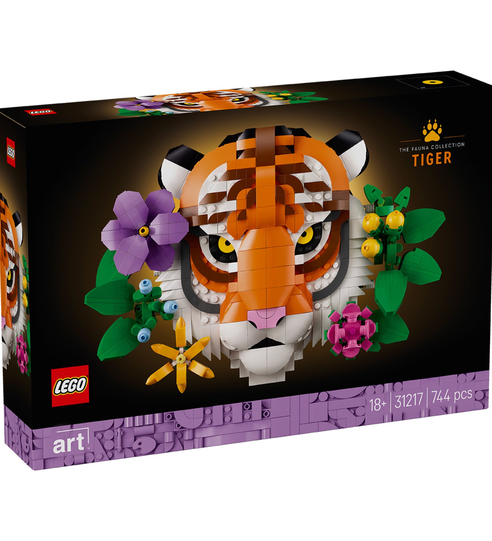 A LEGO Art: Tigris (31217) készlet doboza, középpontban a részletesen megépített tigrisfej színes virágokkal körülvéve, fekete háttérrel.