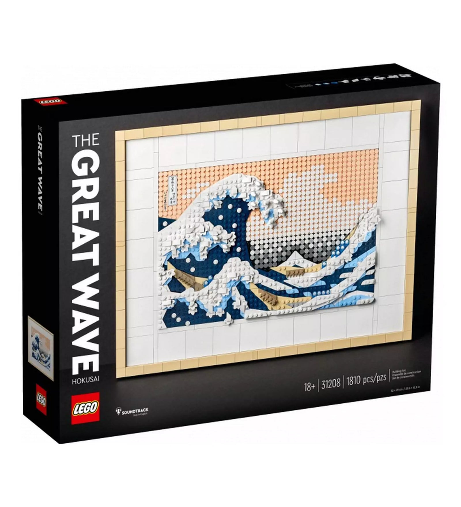 LEGO Hokusai: A nagy hullám (31208) doboza elölről, középen a híres hullám motívummal megépítve LEGO elemekből, fekete kerettel és 1810 darabos felirattal.
