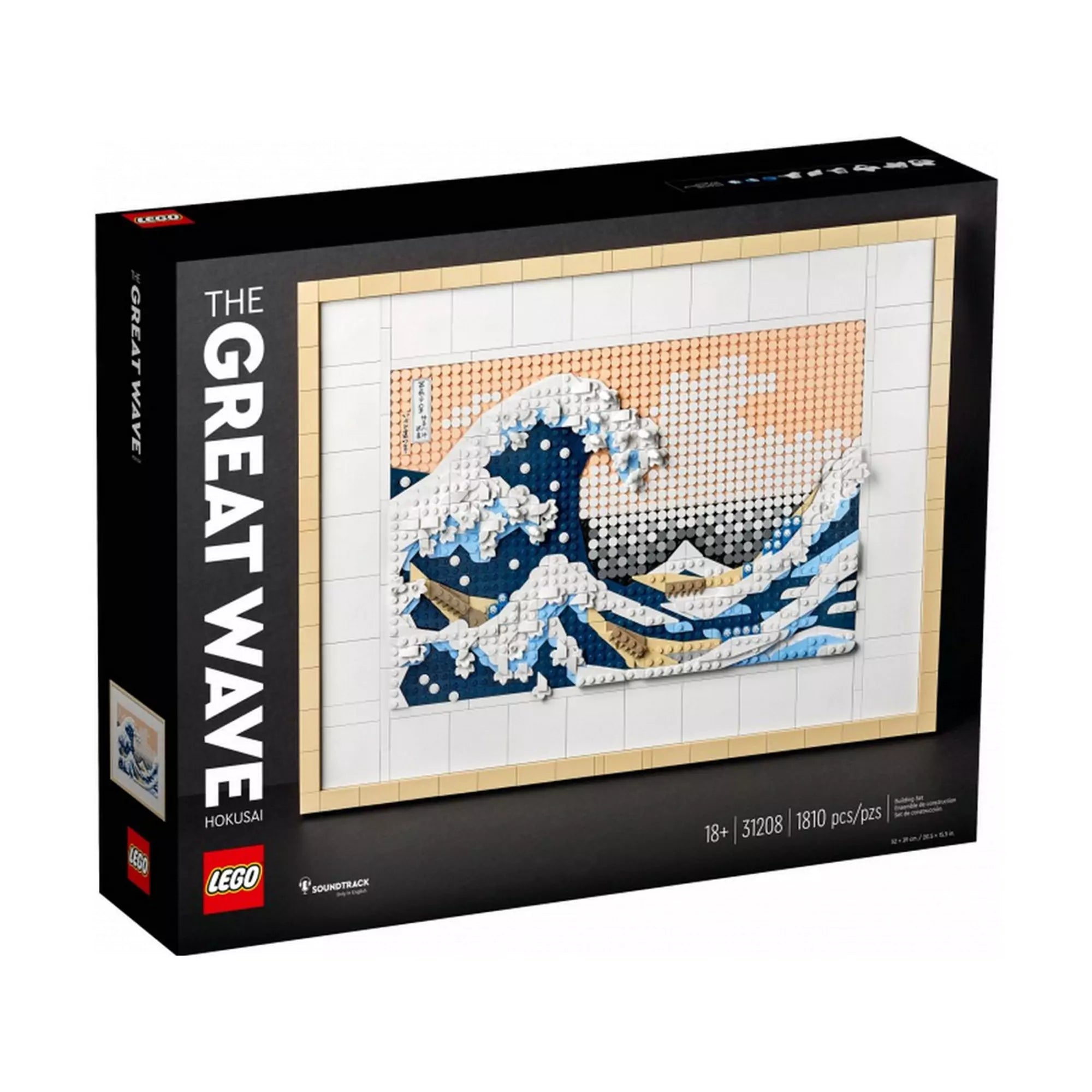 LEGO Hokusai: A nagy hullám (31208) doboza elölről, középen a híres hullám motívummal megépítve LEGO elemekből, fekete kerettel és 1810 darabos felirattal.