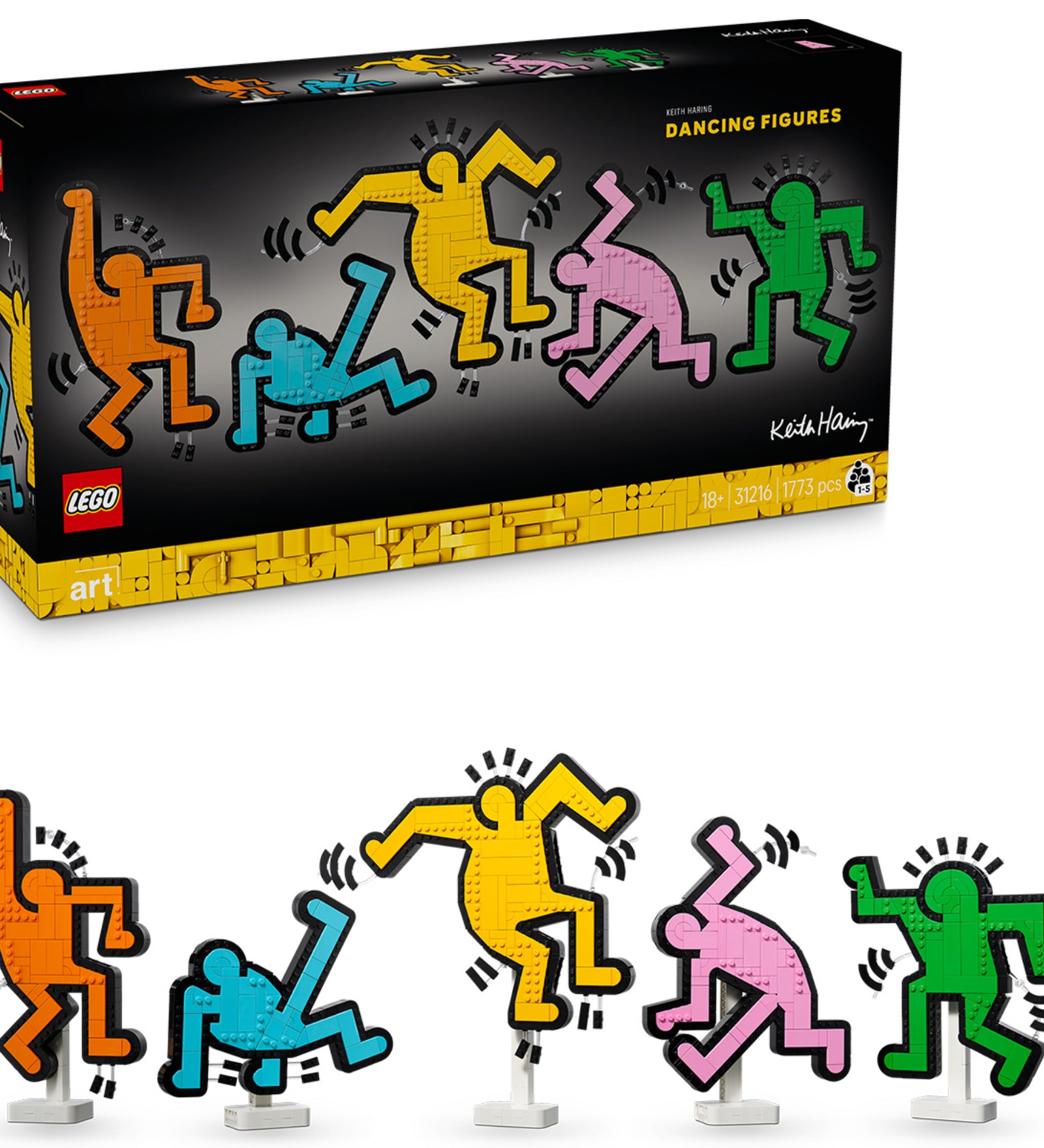 A LEGO Art 31216 Keith Haring – Táncoló alakok készlet: öt élénk színű táncoló figura áll fehér talapzaton, háttérben a fekete doboz látható a színes alakokkal és 1773 darabos megjelöléssel.