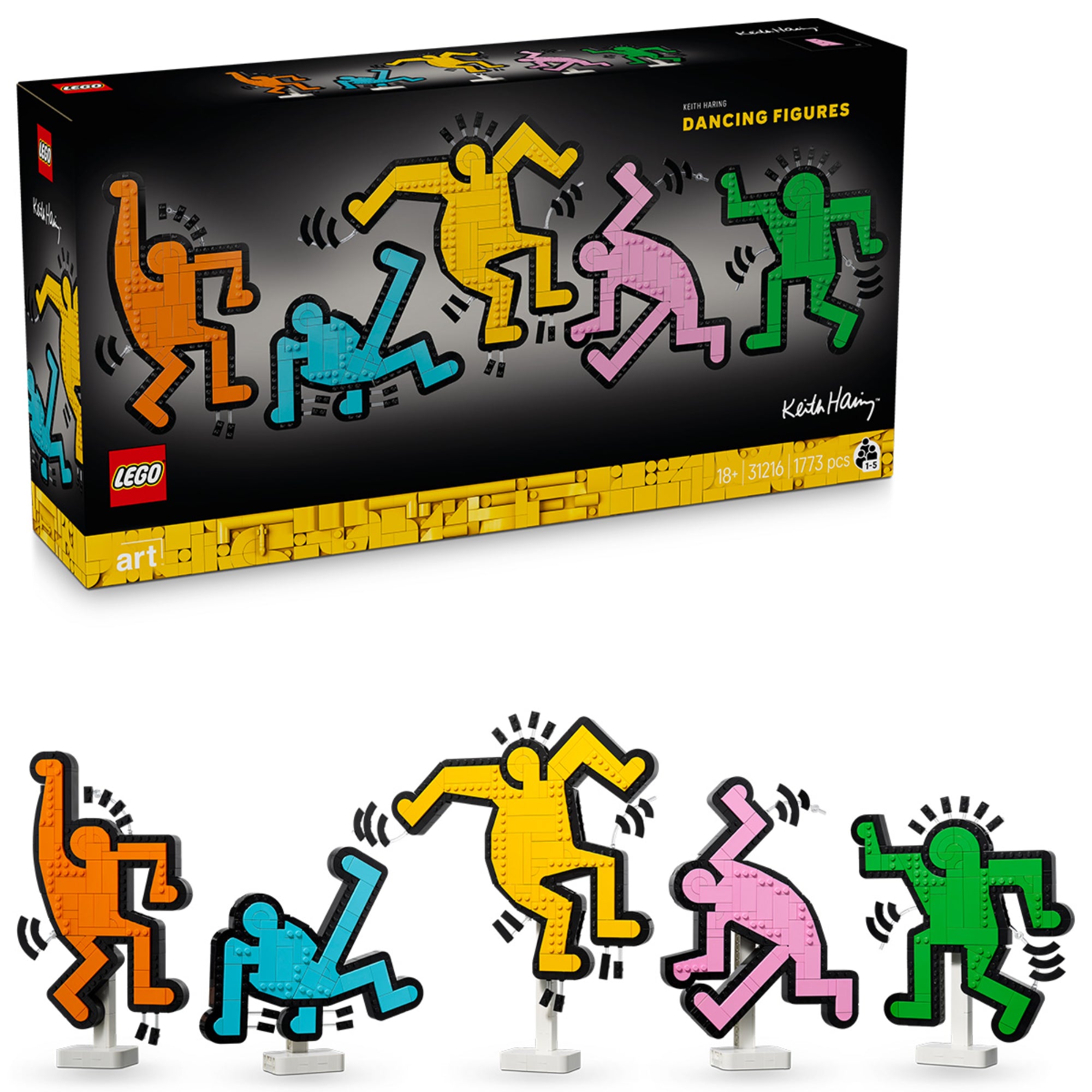 A LEGO Art 31216 Keith Haring – Táncoló alakok készlet: öt élénk színű táncoló figura áll fehér talapzaton, háttérben a fekete doboz látható a színes alakokkal és 1773 darabos megjelöléssel.