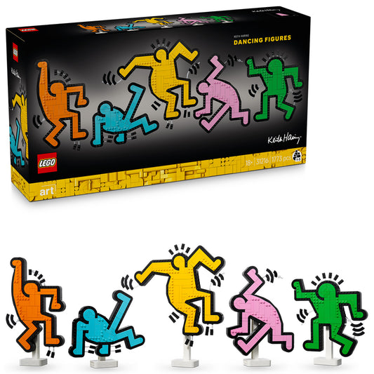 A LEGO Art 31216 Keith Haring – Táncoló alakok készlet: öt élénk színű táncoló figura áll fehér talapzaton, háttérben a fekete doboz látható a színes alakokkal és 1773 darabos megjelöléssel.