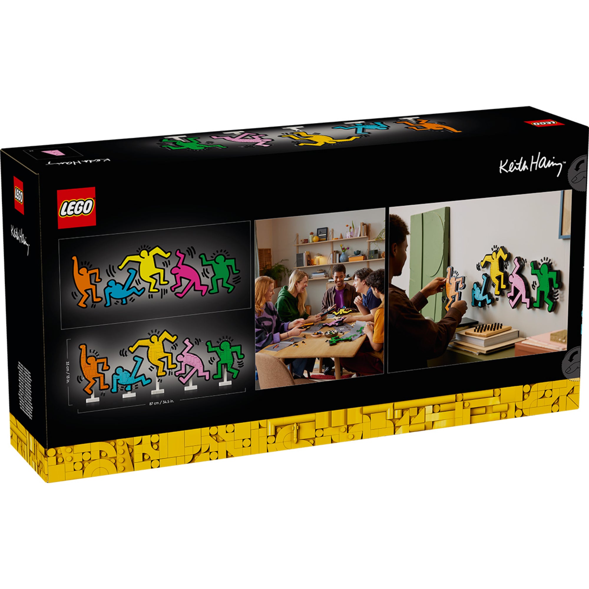 A LEGO Art 31216 doboz hátoldala: kétféle kiállítási lehetőség (állványon vagy falra szerelve), és egy csoport ember, akik épp az egyik táncoló alakot szerelik össze otthoni környezetben.